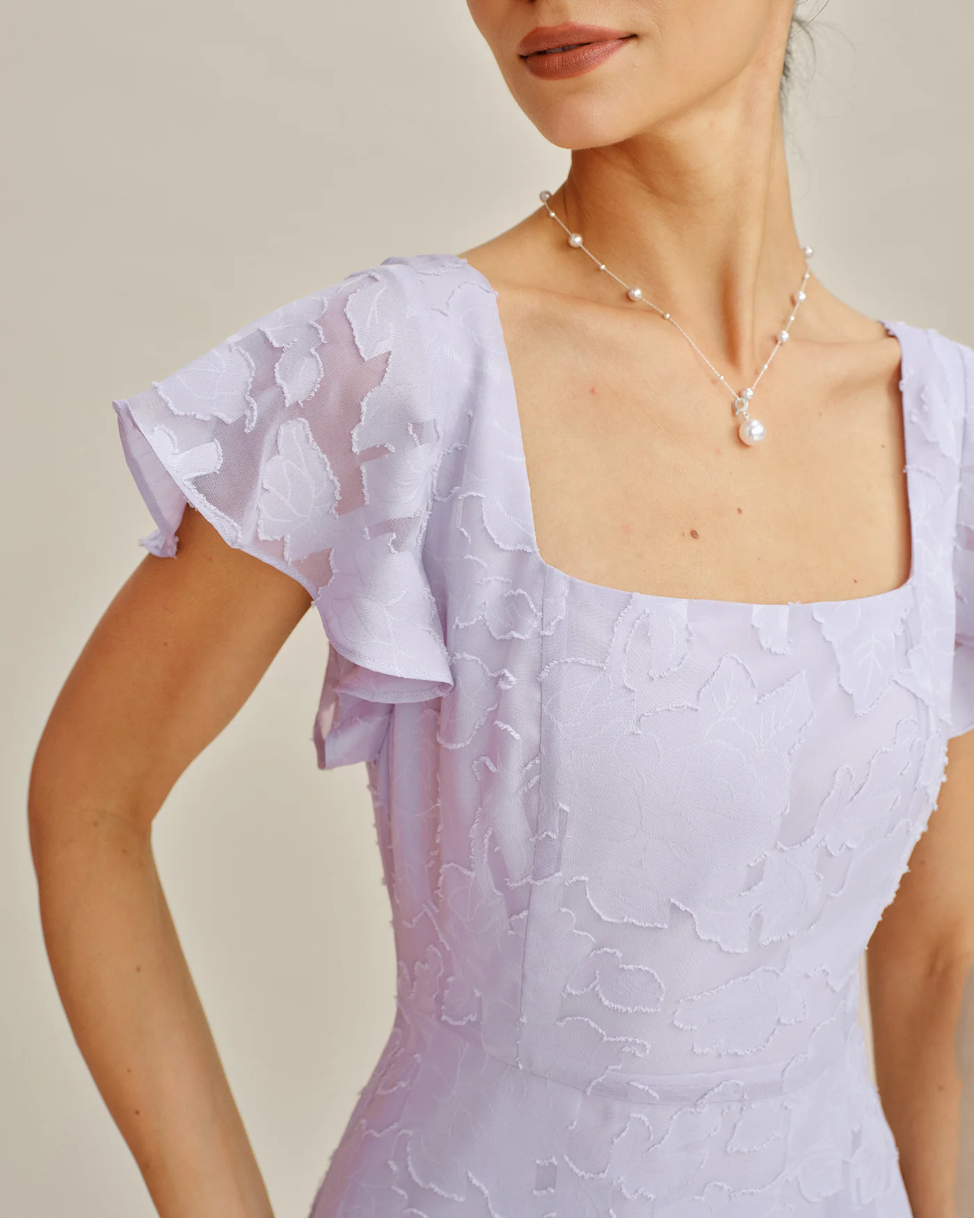 Purple Square Neck Jacquard Midi Dress - Image 2