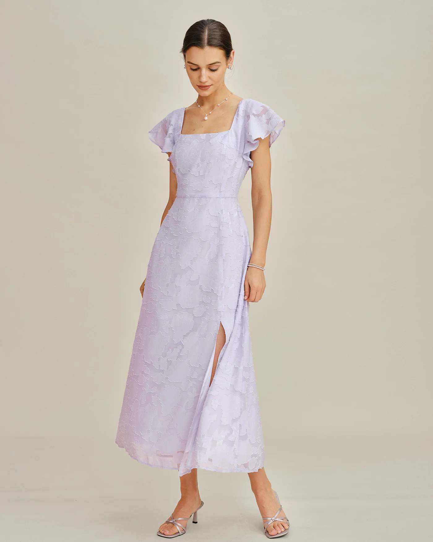 Purple Square Neck Jacquard Midi Dress - Image 3