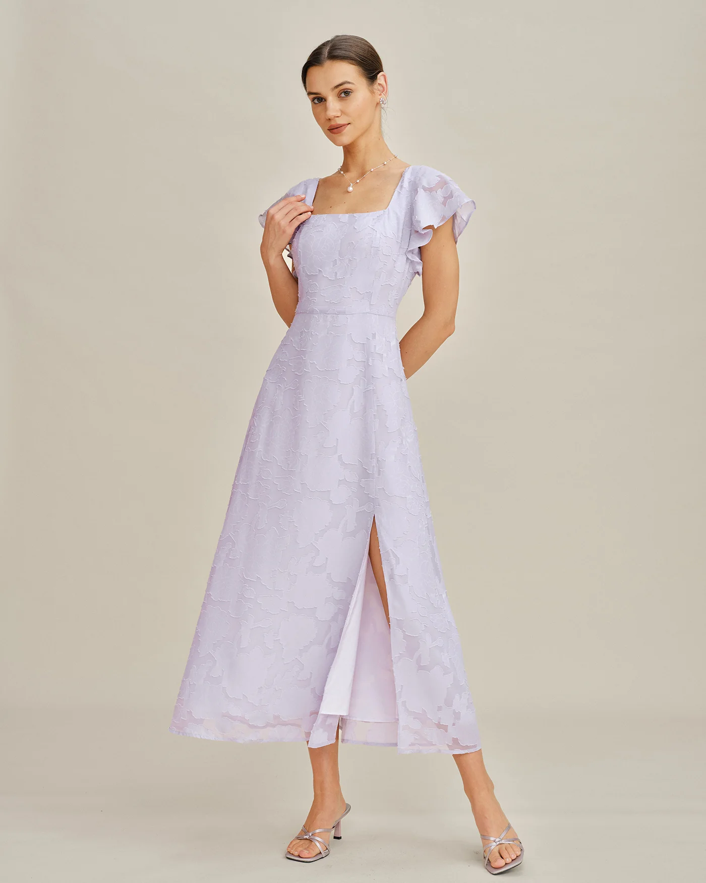 Purple Square Neck Jacquard Midi Dress - Image 4