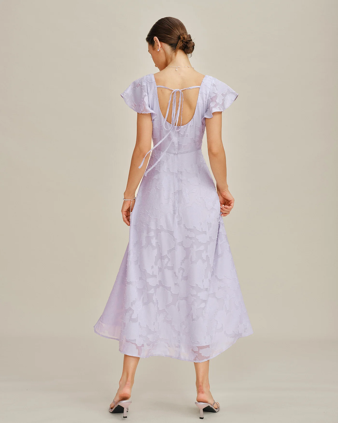 Purple Square Neck Jacquard Midi Dress - Image 5