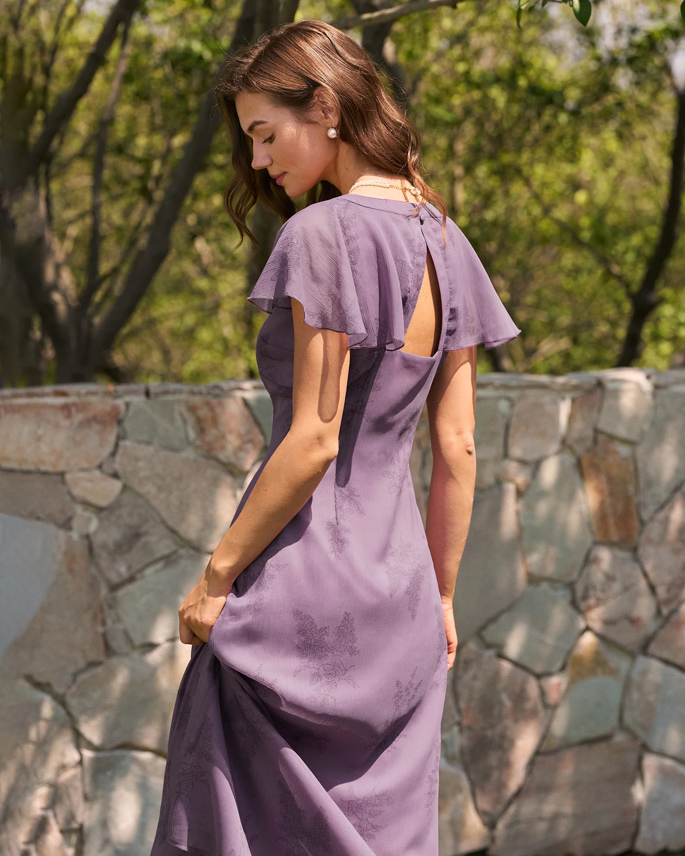 Purple V Neck Butterfly Sleeve Floral Midi Dress - Image 5