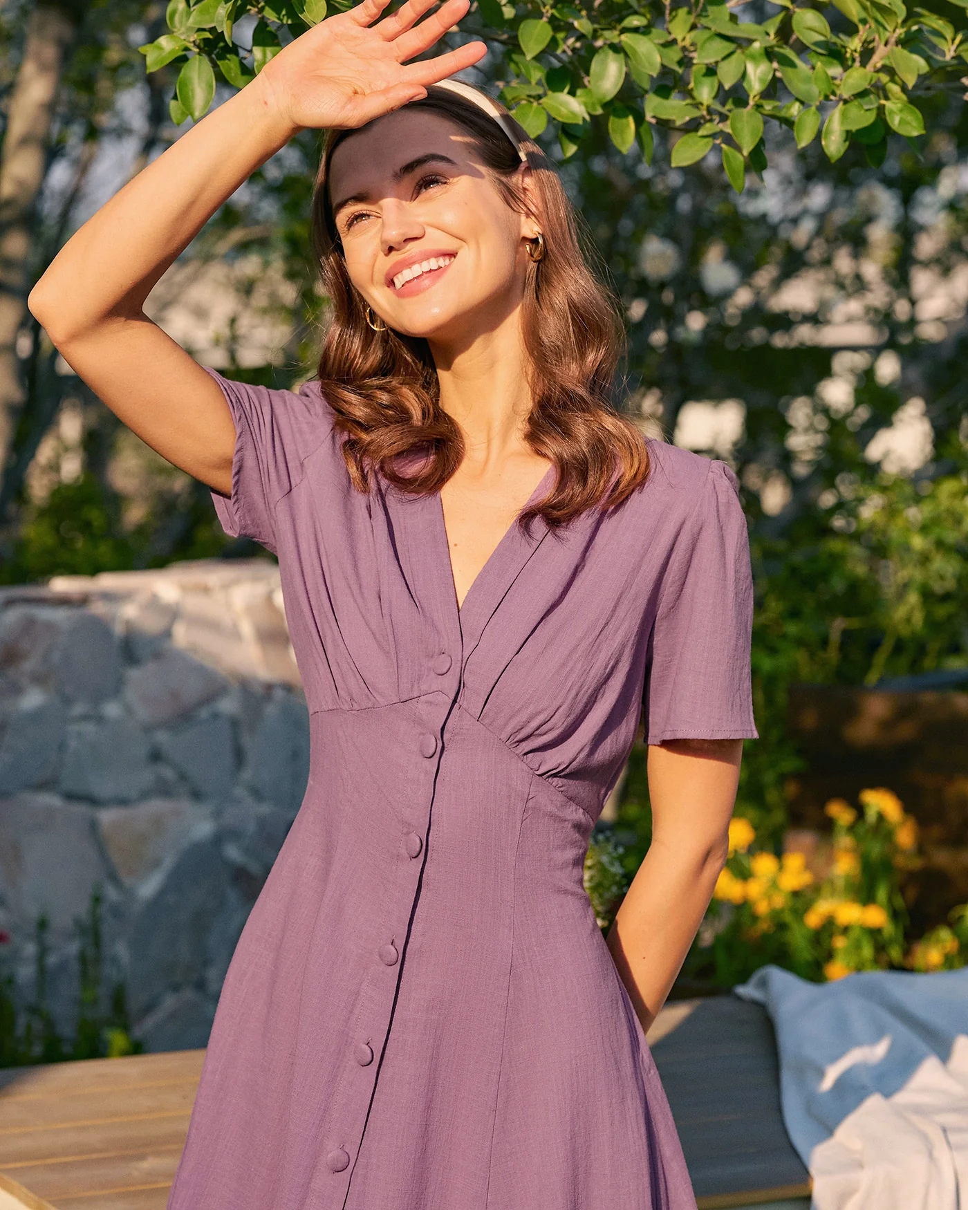 Purple V Neck Button Midi Dress - Image 2