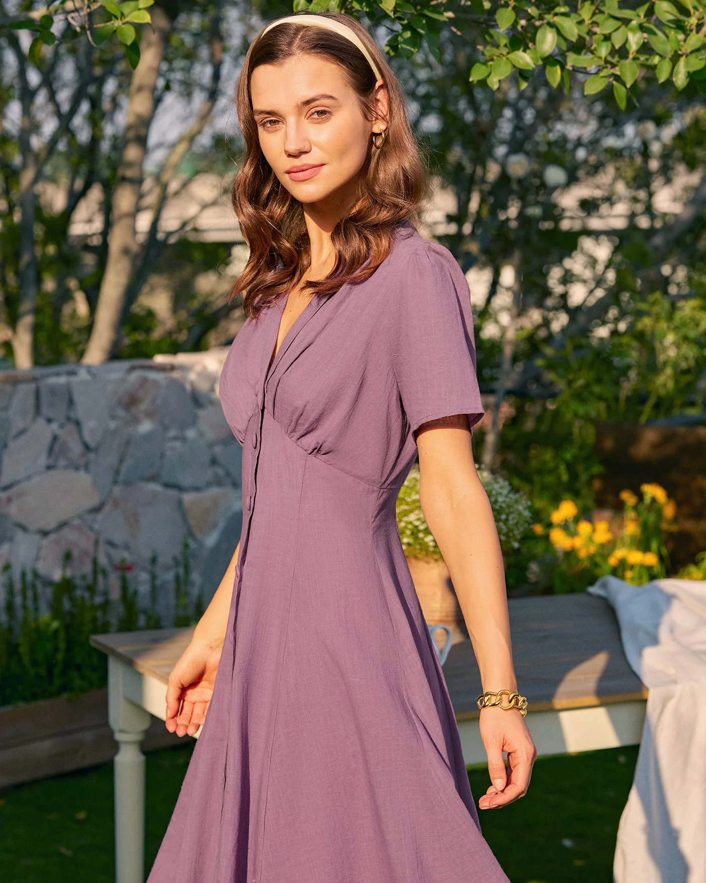 Purple V Neck Button Midi Dress - Image 3