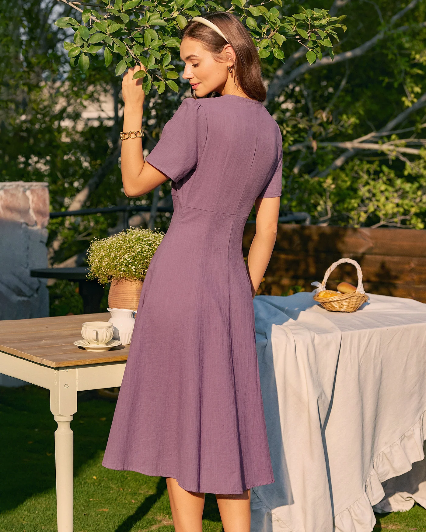 Purple V Neck Button Midi Dress - Image 5