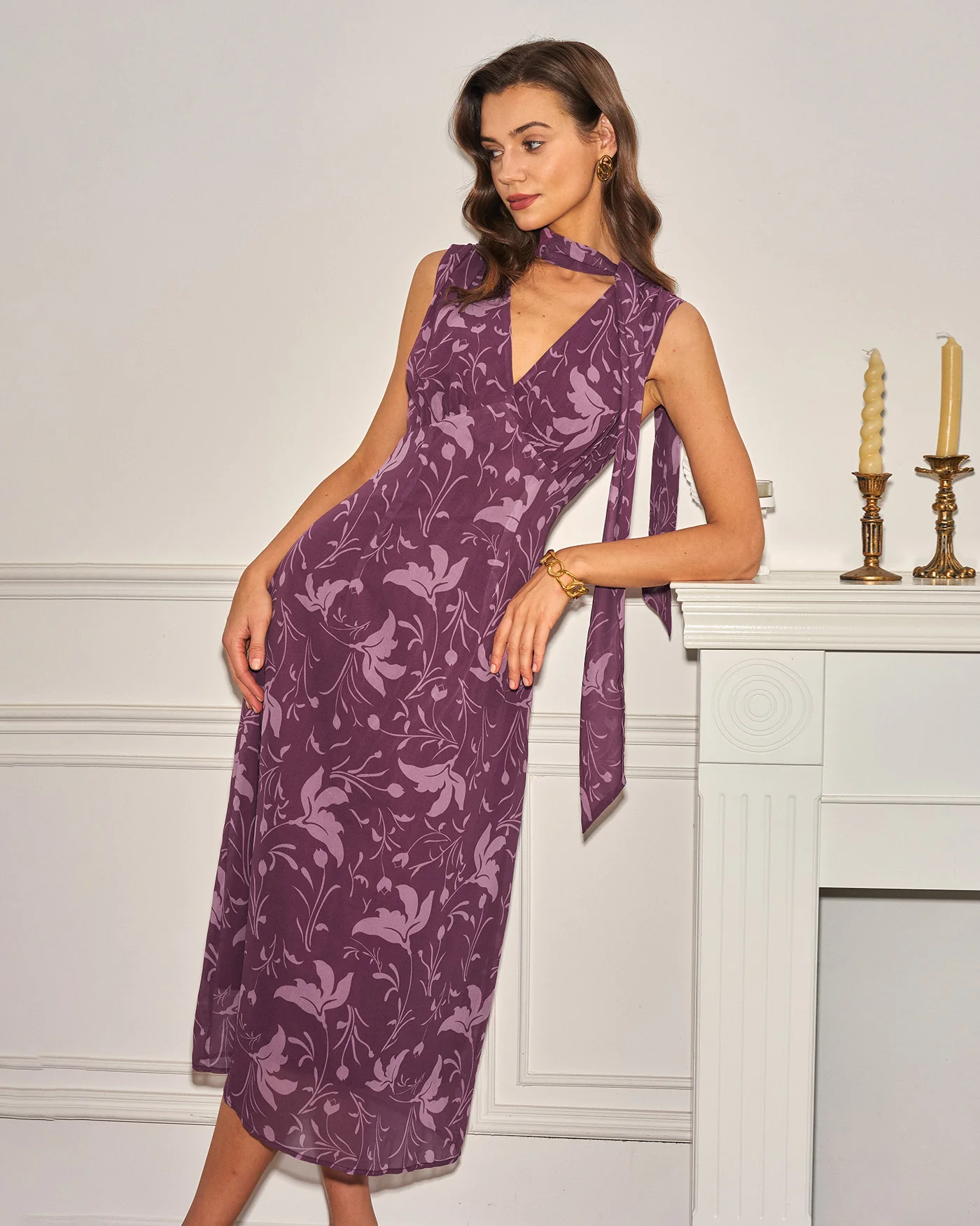 Purple V Neck Floral Chiffon Midi Dress - Image 5
