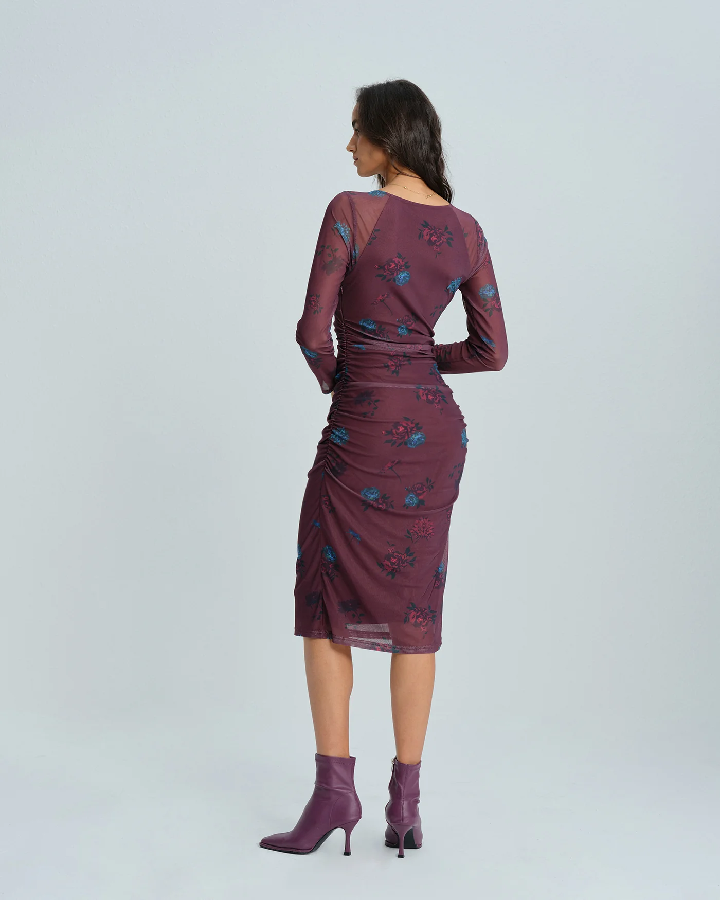 Purple V Neck Floral Midi Dress - Image 10
