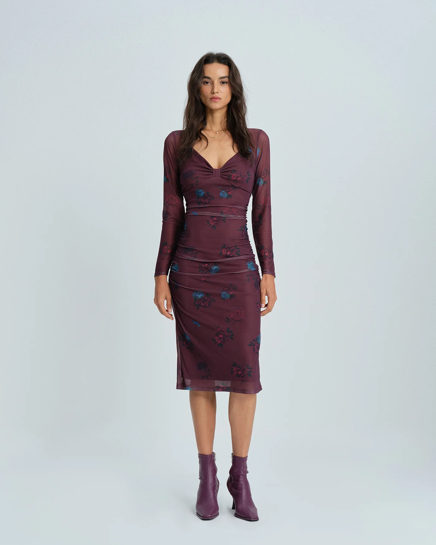 Purple V Neck Floral Midi Dress - Image 7