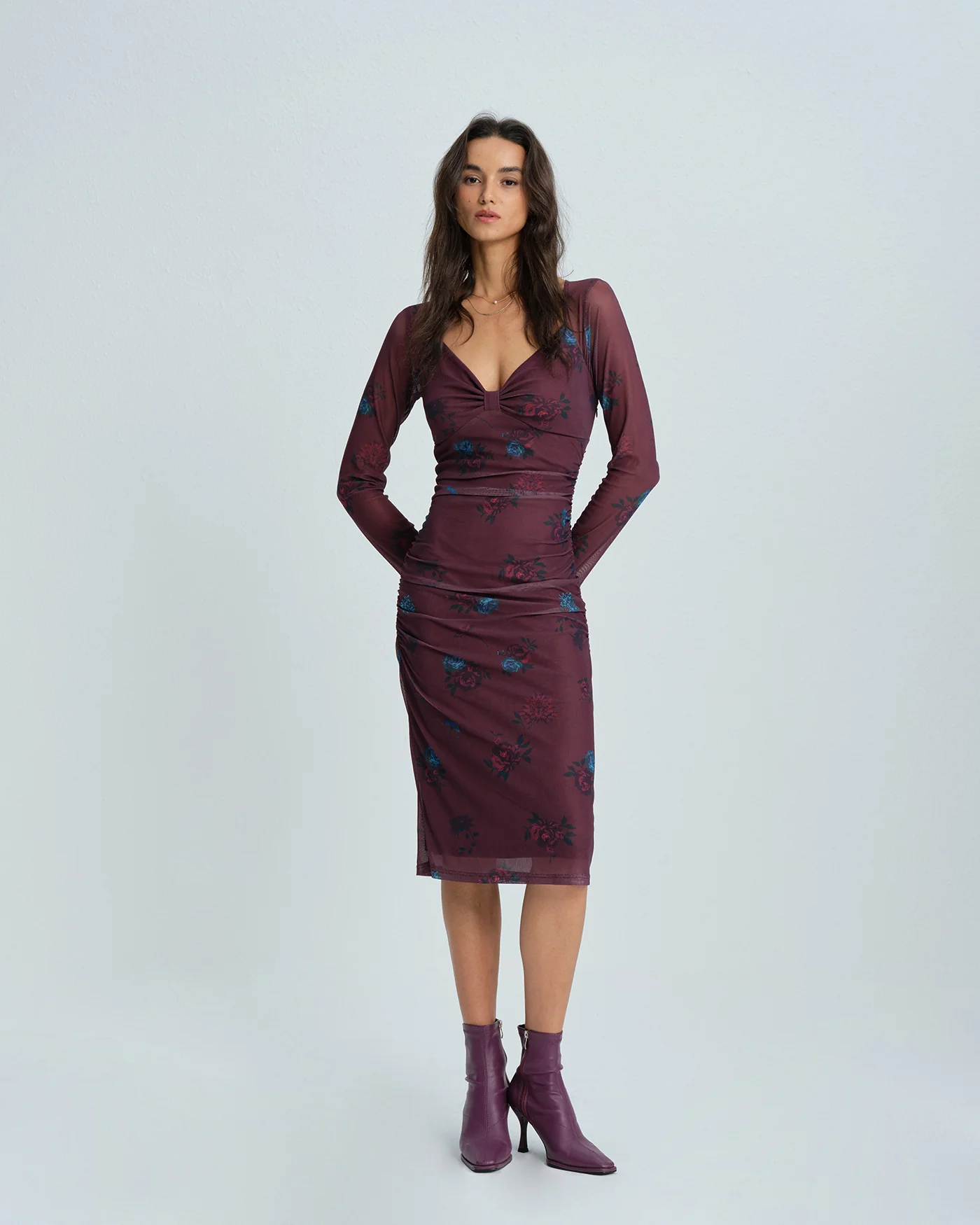 Purple V Neck Floral Midi Dress - Image 8