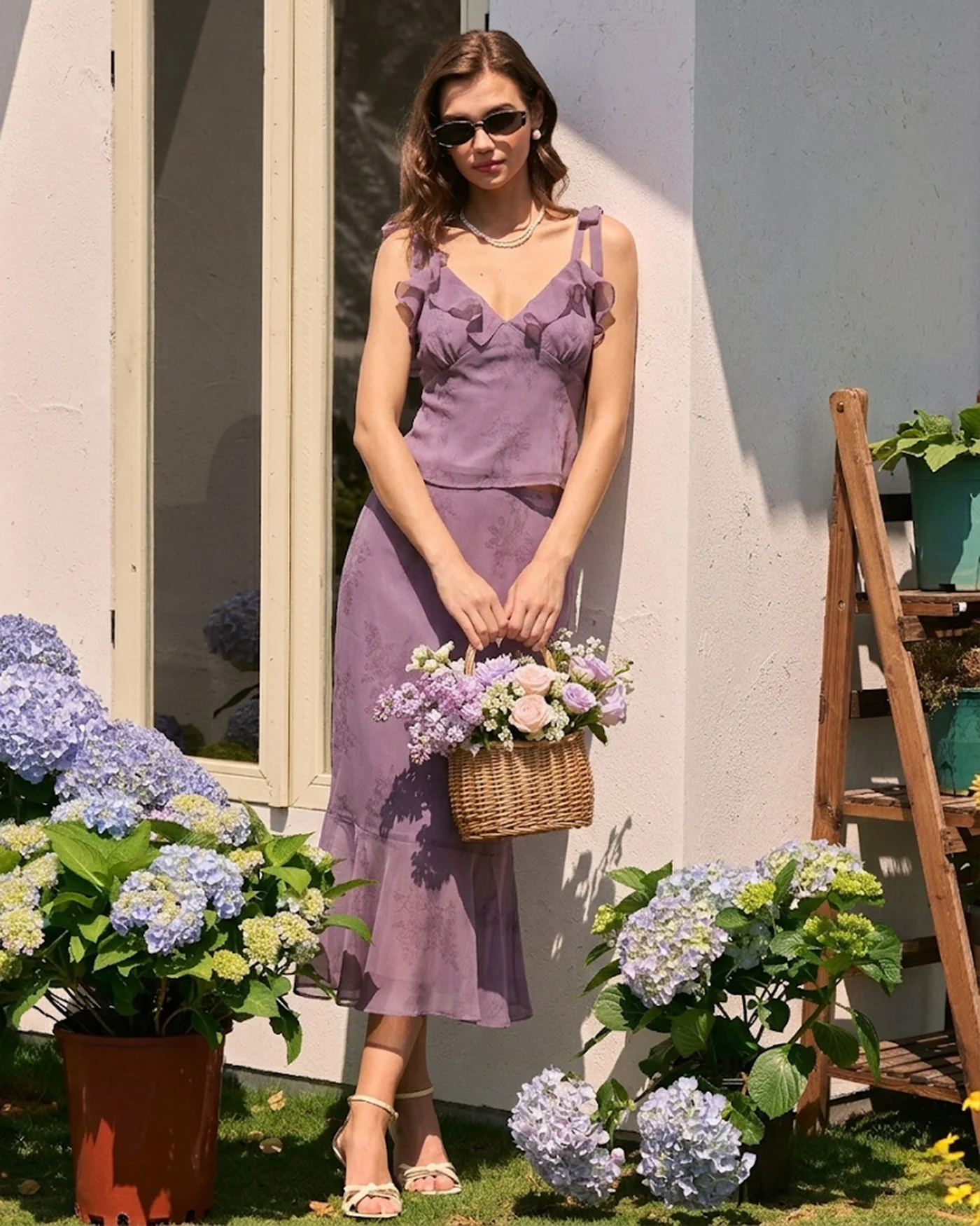 Purple V Neck Floral Ruffle Camis - Image 2