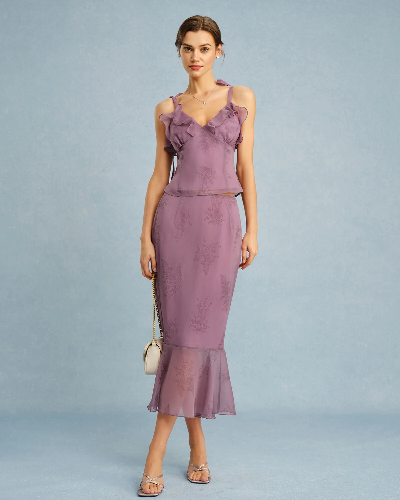 Purple V Neck Floral Ruffle Camis - Image 5