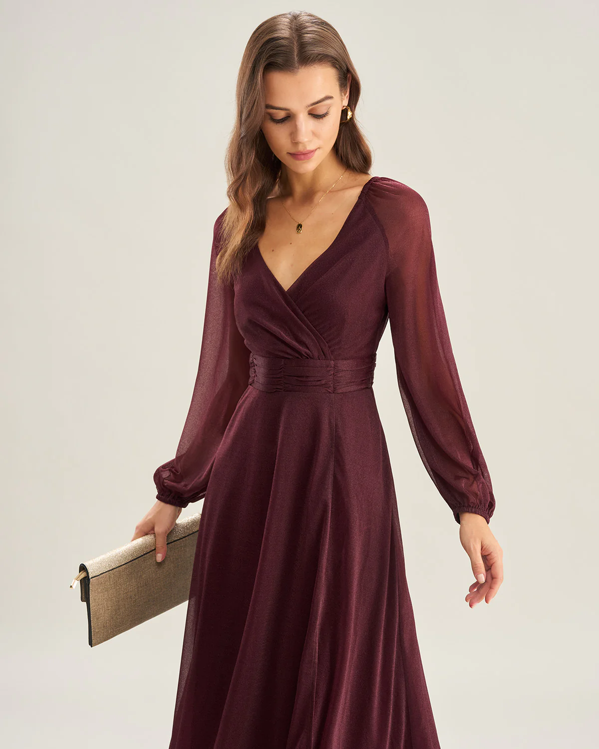 Purple V Neck See Through A-Line Maxi Dresses - Image 3