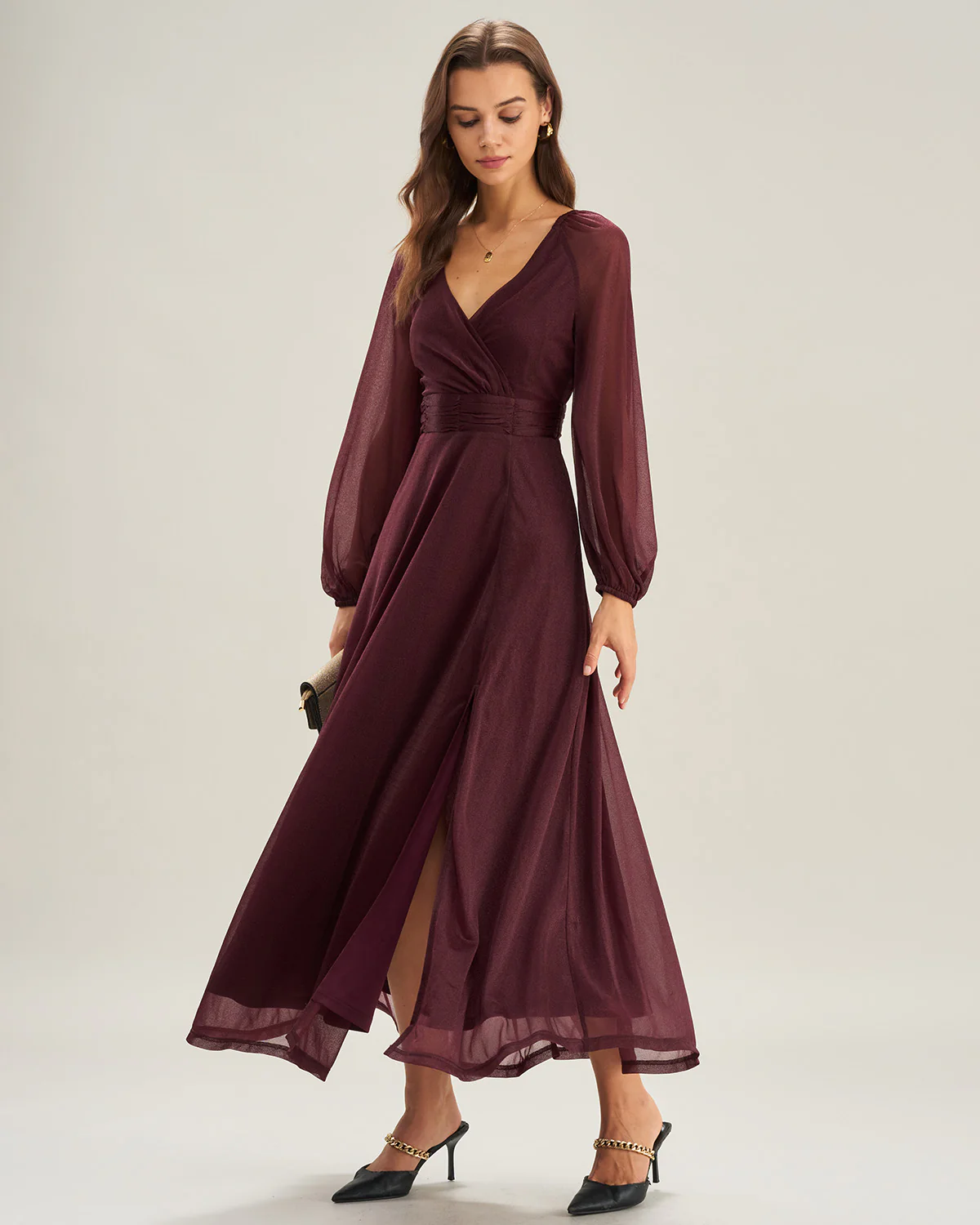Purple V Neck See Through A-Line Maxi Dresses - Image 4