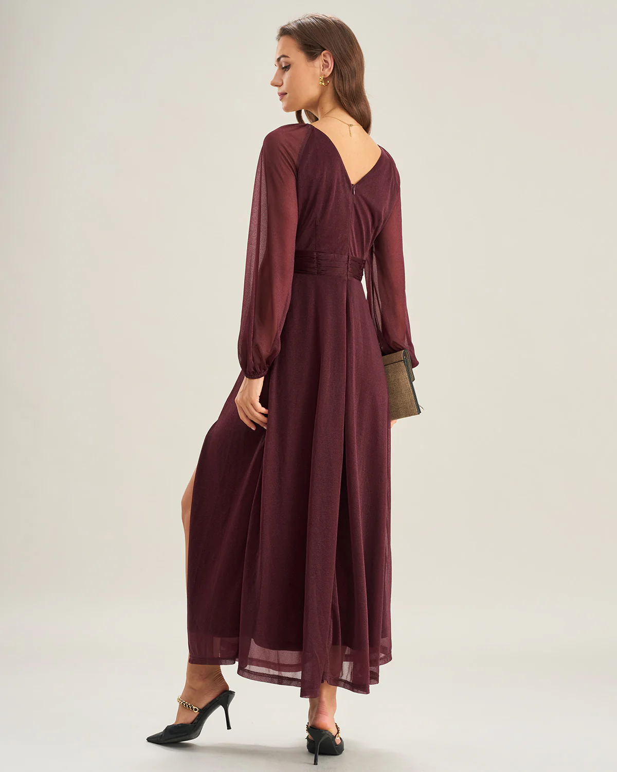 Purple V Neck See Through A-Line Maxi Dresses - Image 5