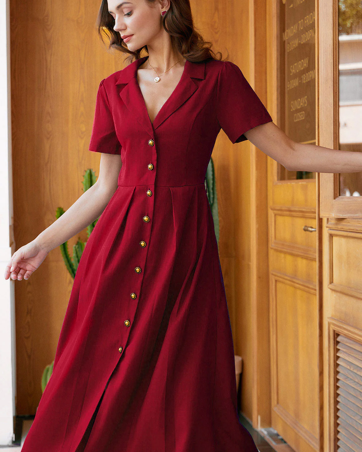 Red A-Line Pleated Button Midi Dress - Image 2