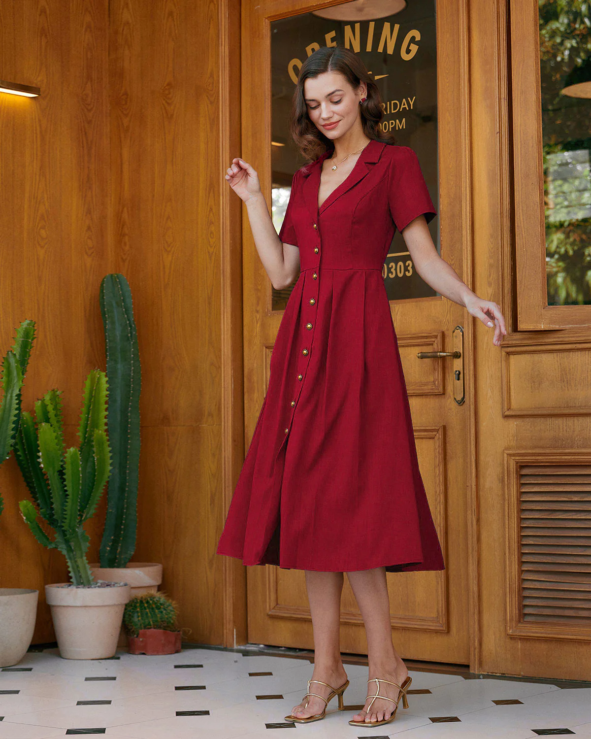 Red A-Line Pleated Button Midi Dress - Image 3