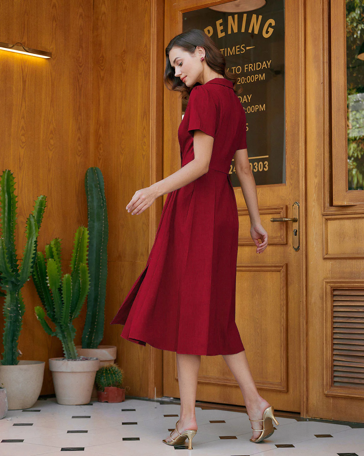 Red A-Line Pleated Button Midi Dress - Image 4