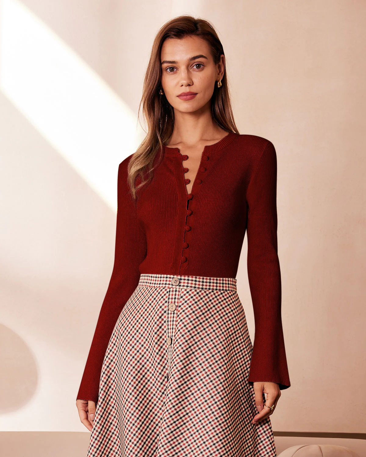 Red Bell Sleeve Ribbed Knit Tee - Image 6