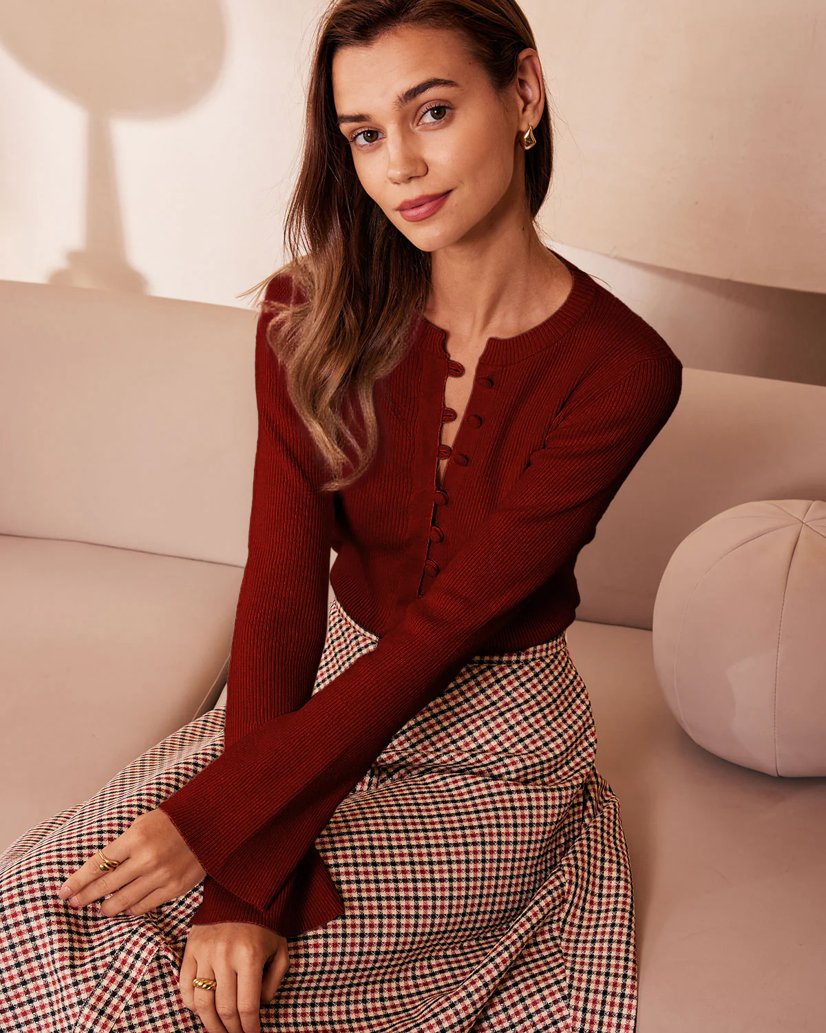Red Bell Sleeve Ribbed Knit Tee - Image 8