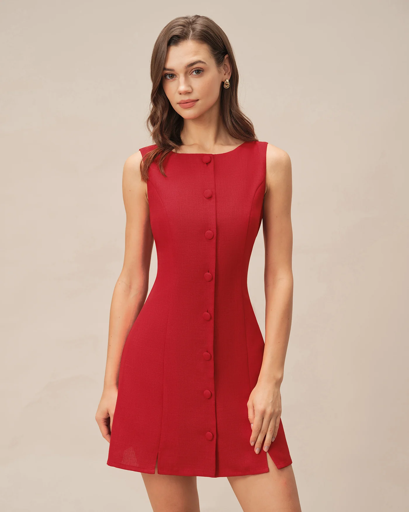 Red Boat Neck Button Mini Dress - Image 2