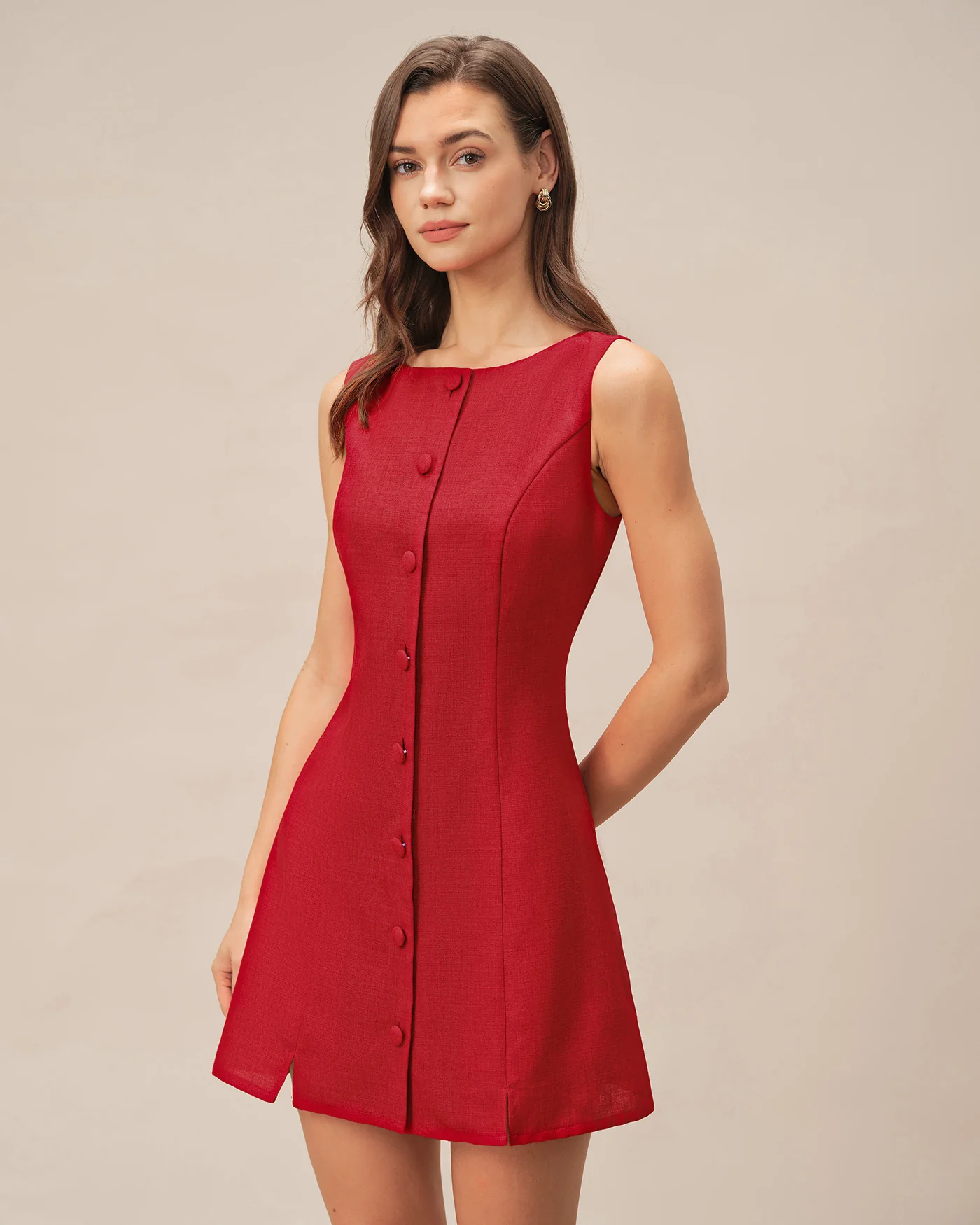 Red Boat Neck Button Mini Dress - Image 3