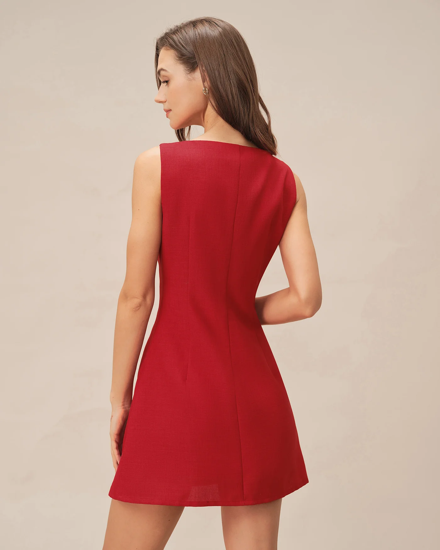 Red Boat Neck Button Mini Dress - Image 4