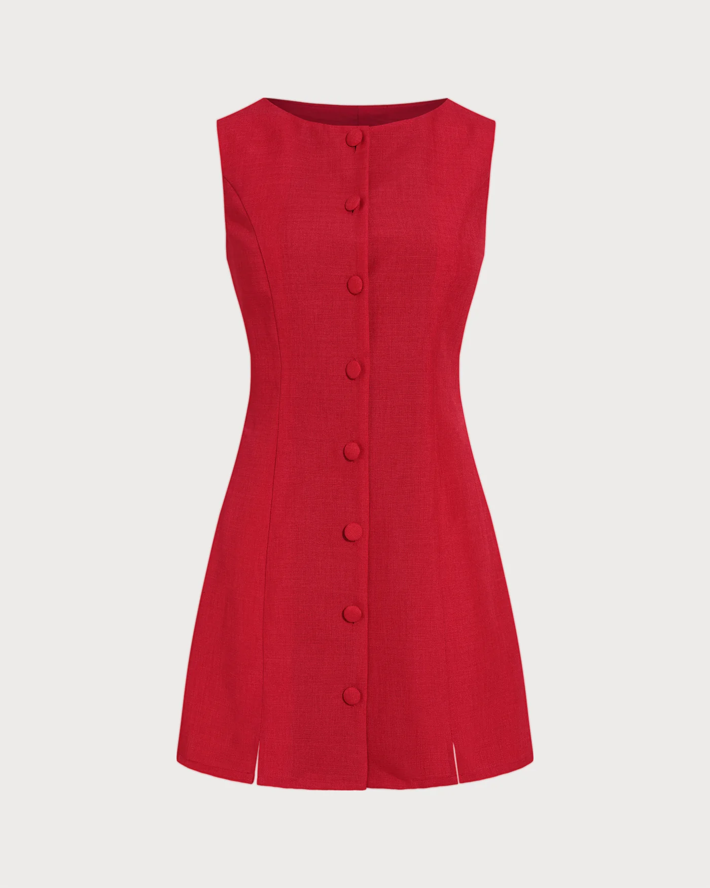 Red Boat Neck Button Mini Dress - Image 6