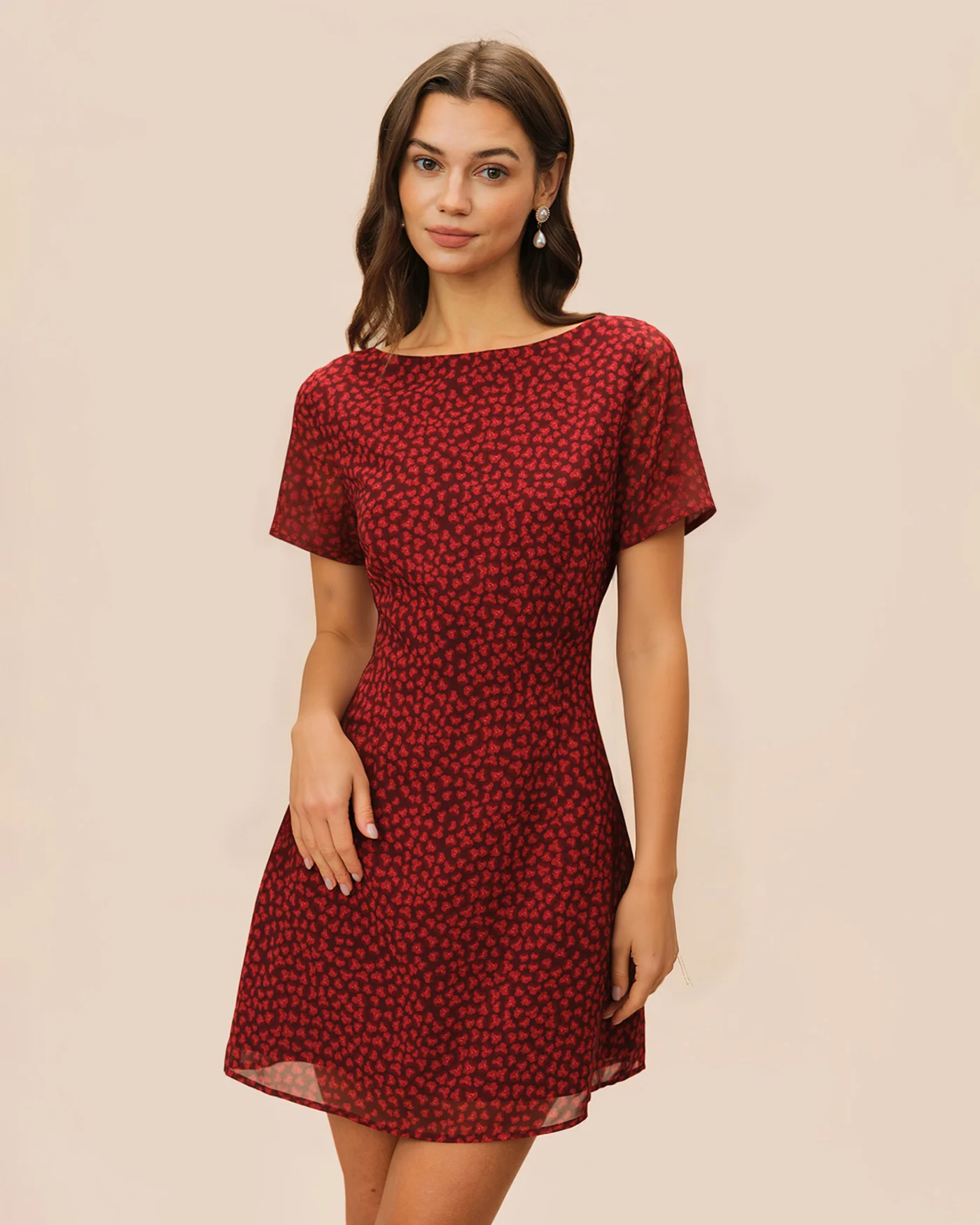 Red Boat Neck Floral Mini Dress - Image 3