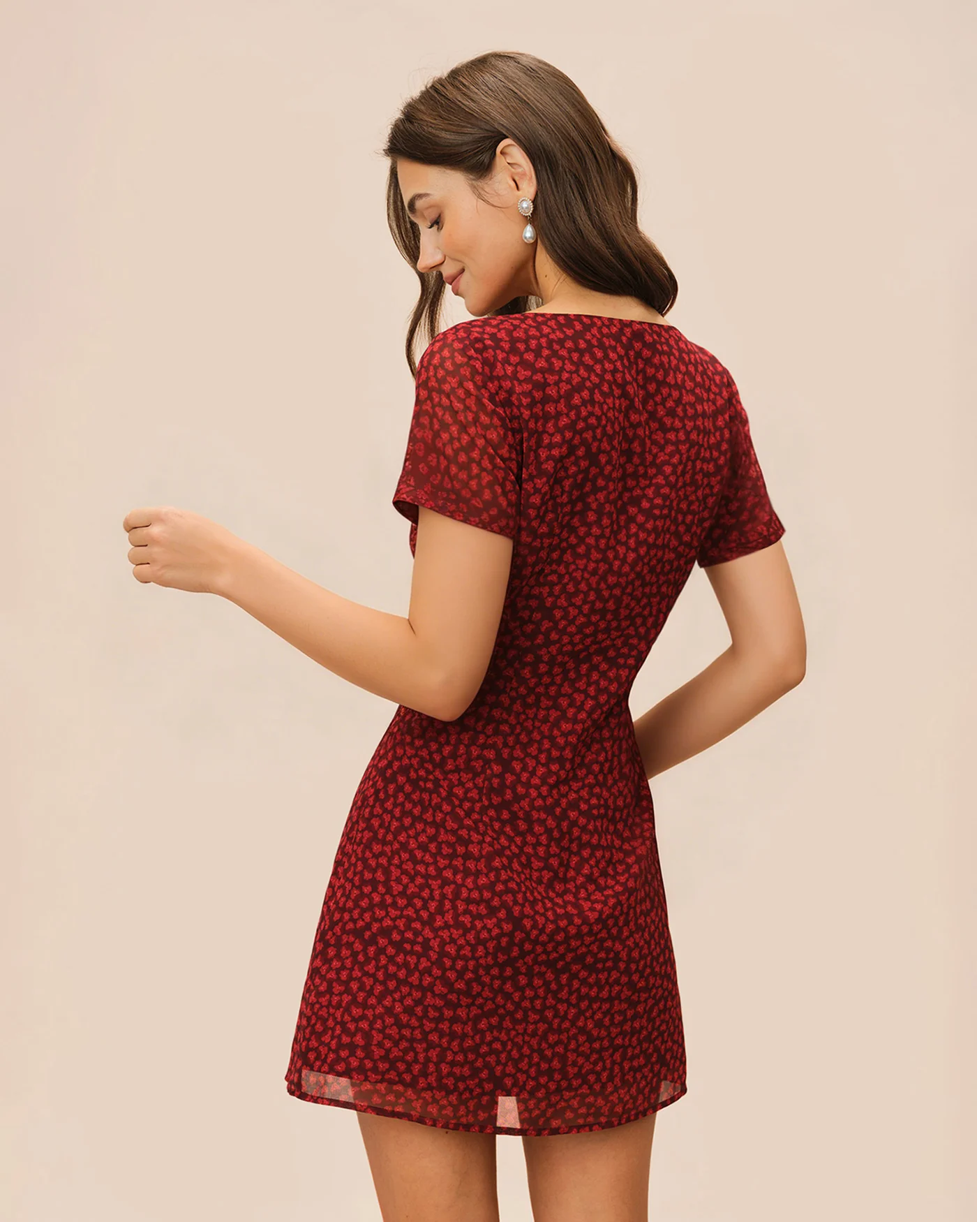 Red Boat Neck Floral Mini Dress - Image 4