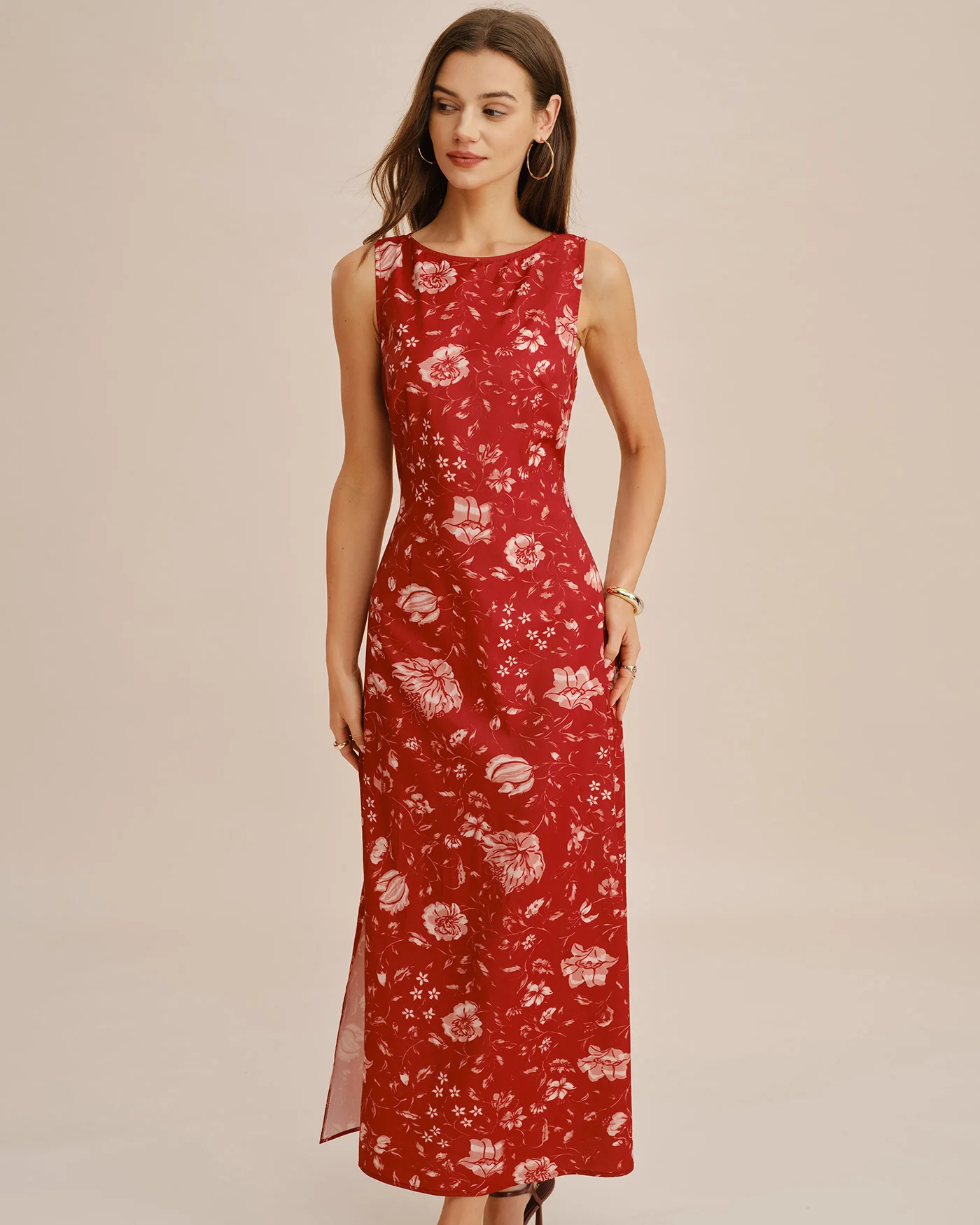 Red Boat Neck Floral Slit Maxi Dress - Image 4