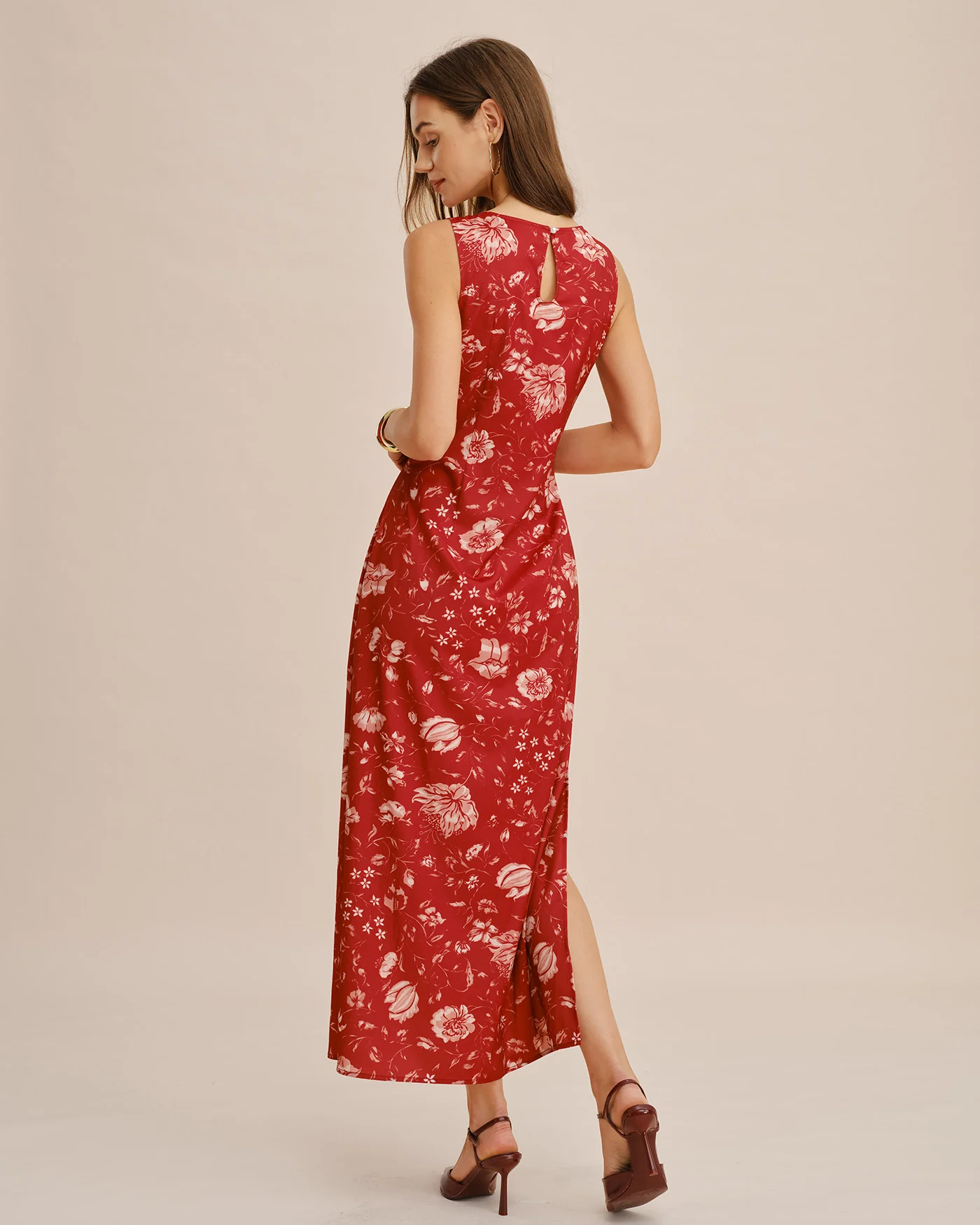 Red Boat Neck Floral Slit Maxi Dress - Image 5