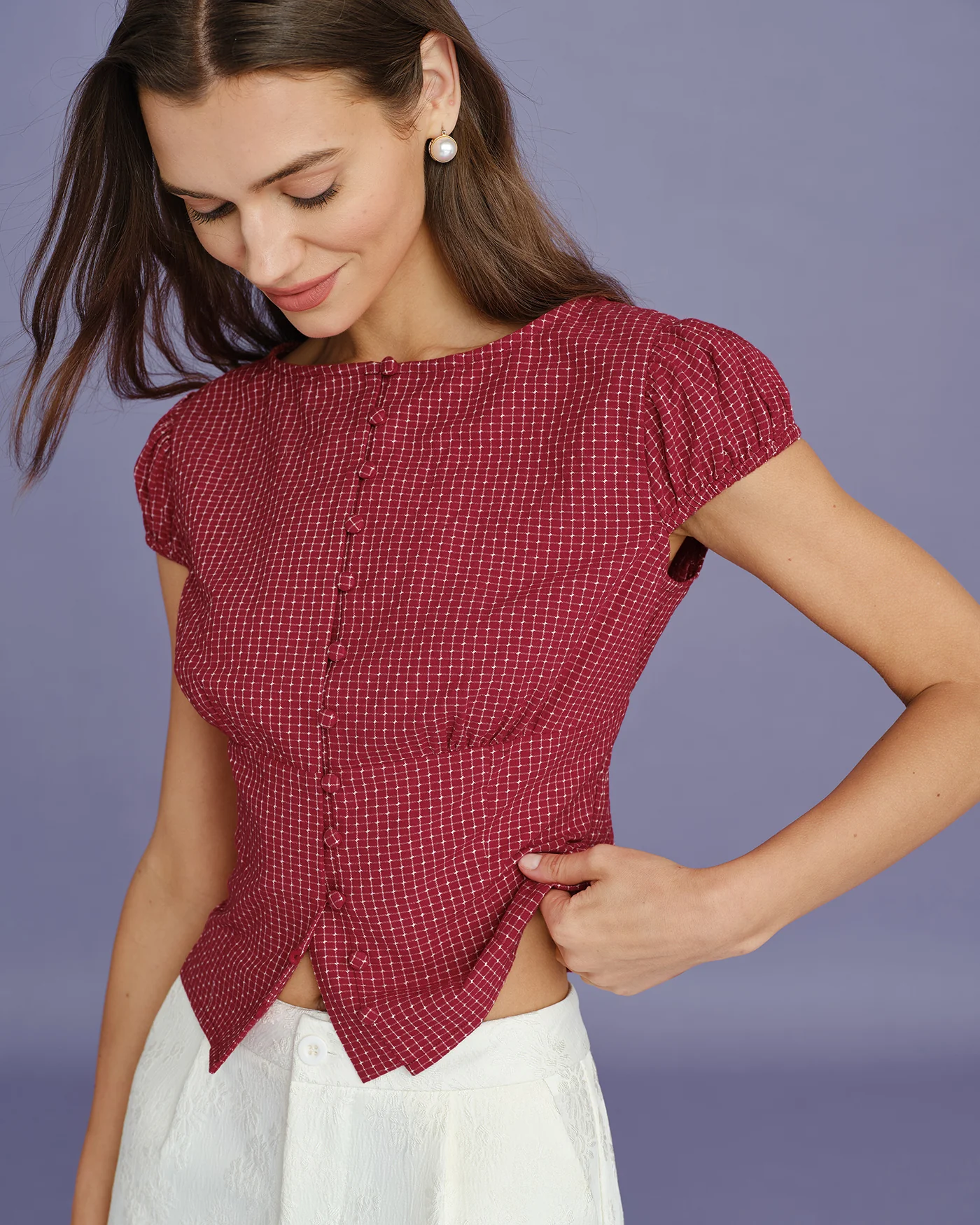 Red Boat Neck Plaid Blouse - Image 2