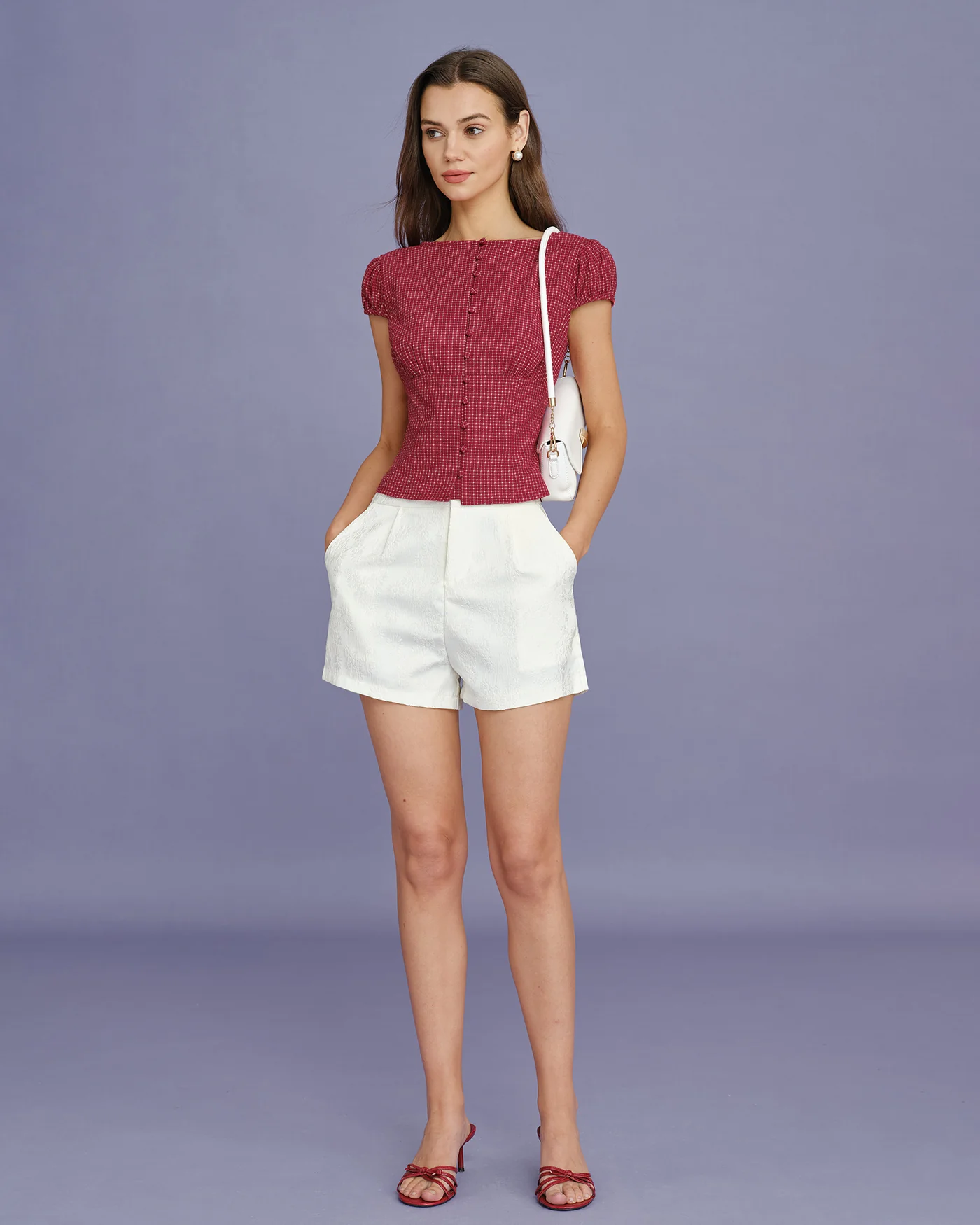 Red Boat Neck Plaid Blouse - Image 3