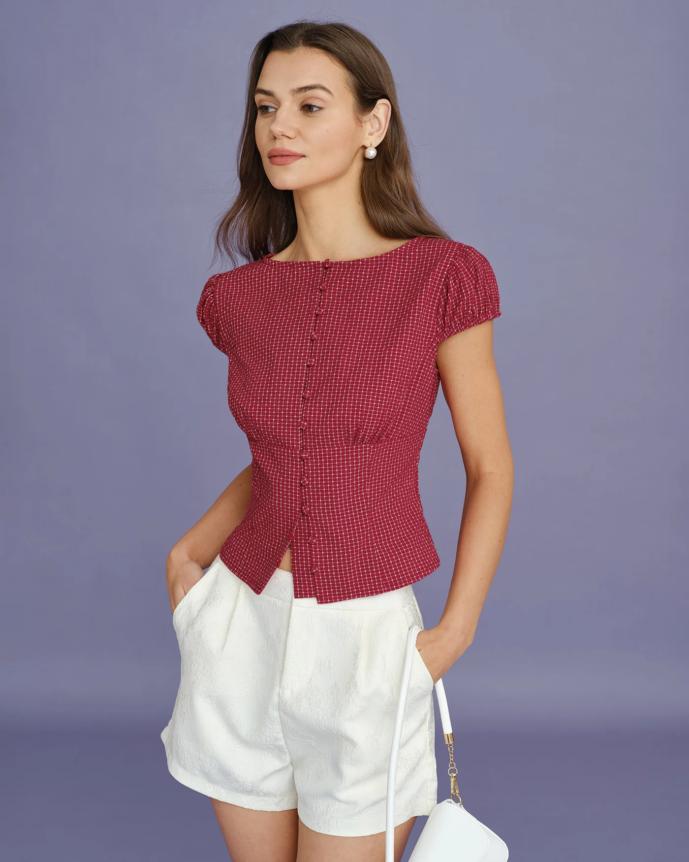 Red Boat Neck Plaid Blouse - Image 4