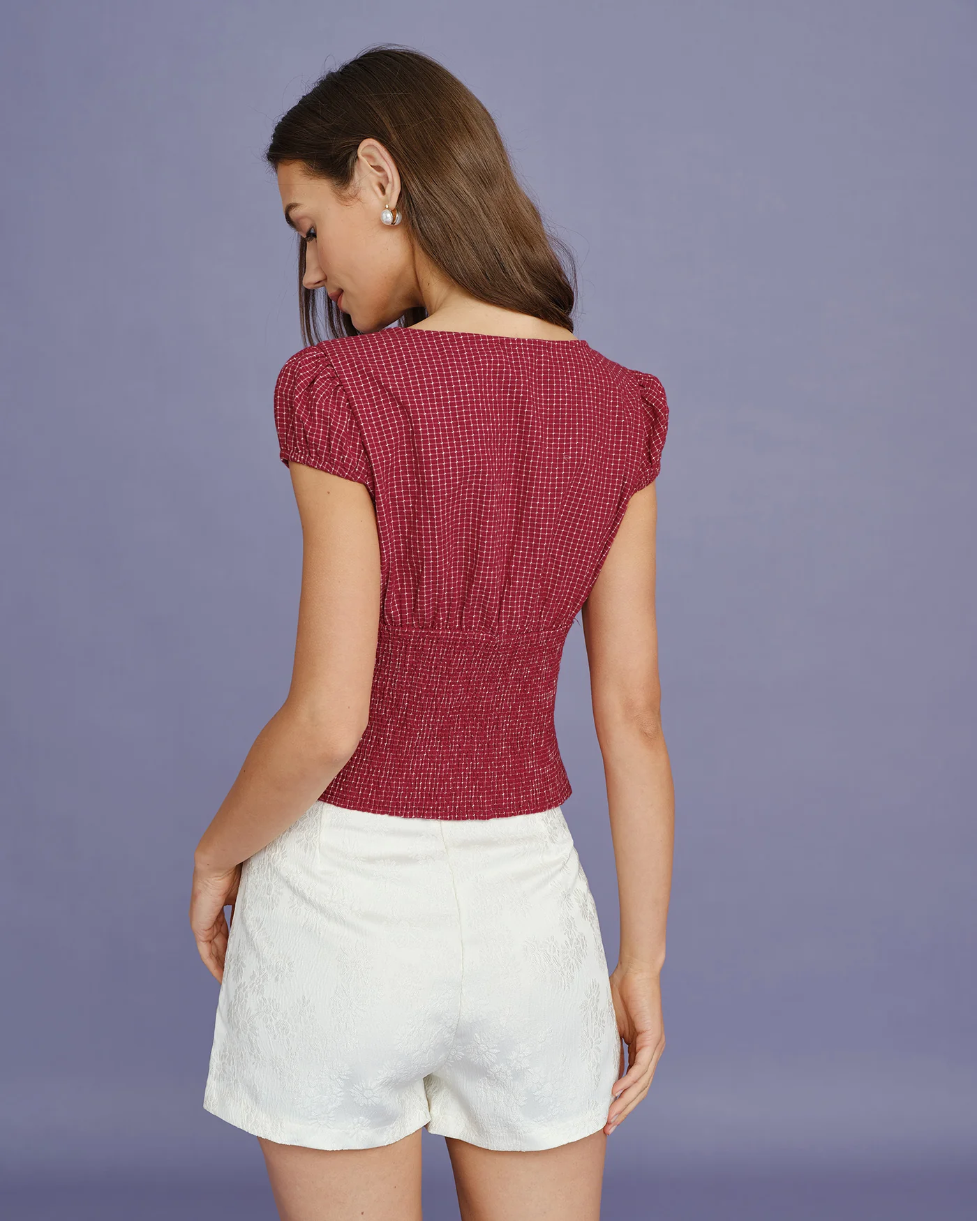 Red Boat Neck Plaid Blouse - Image 5