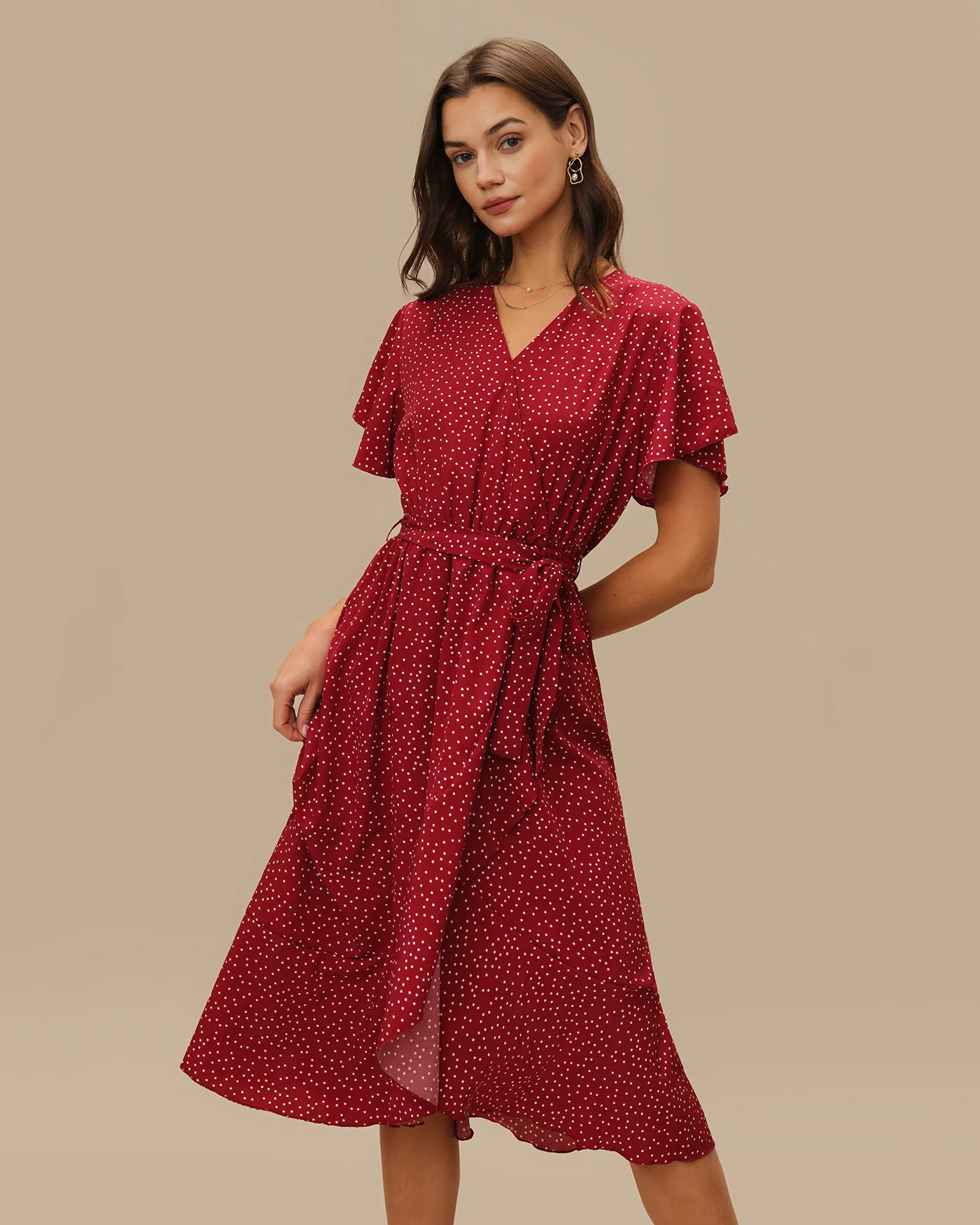 Red Butterfly Sleeve Polka Dot Midi Dress - Image 3