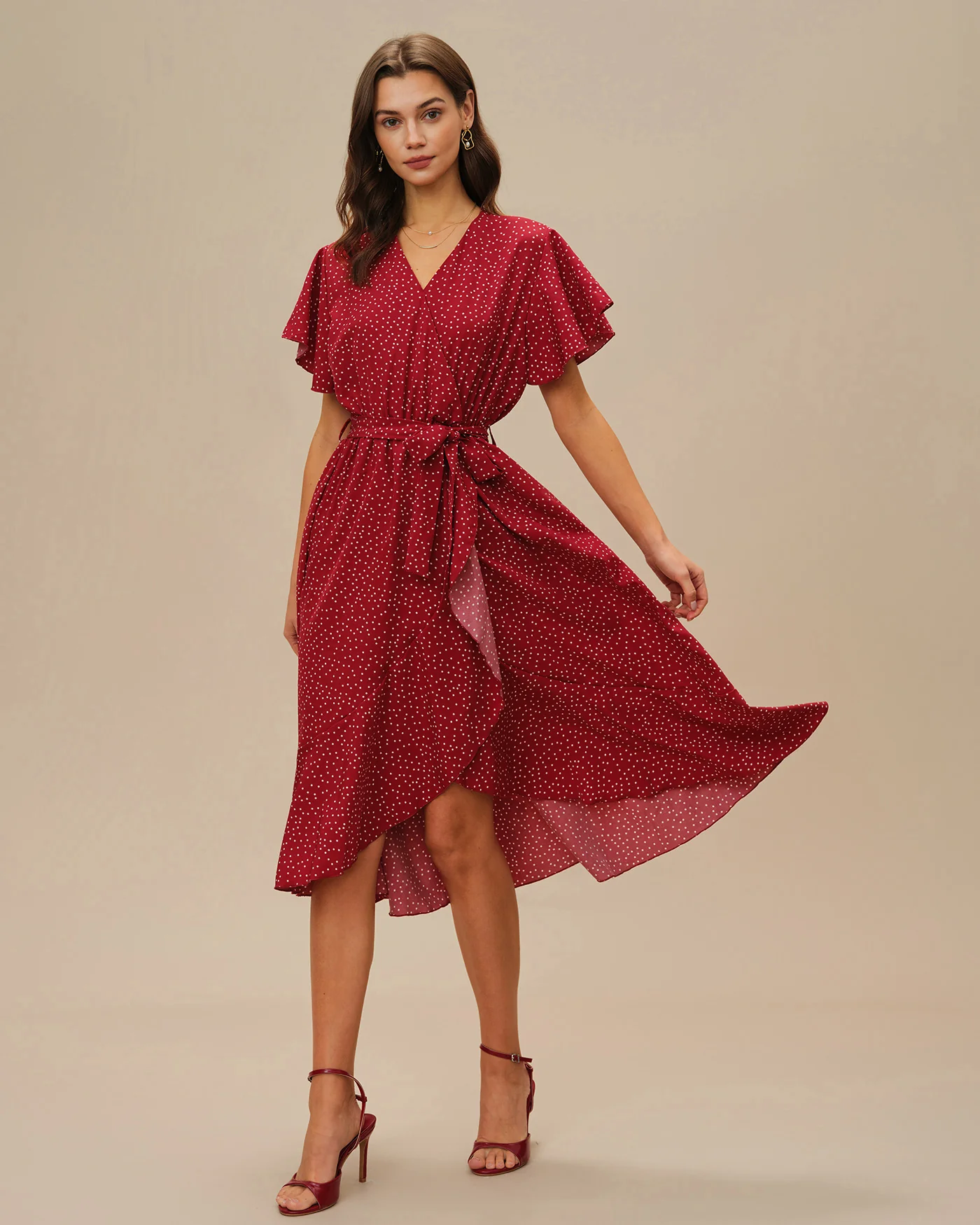 Red Butterfly Sleeve Polka Dot Midi Dress - Image 4
