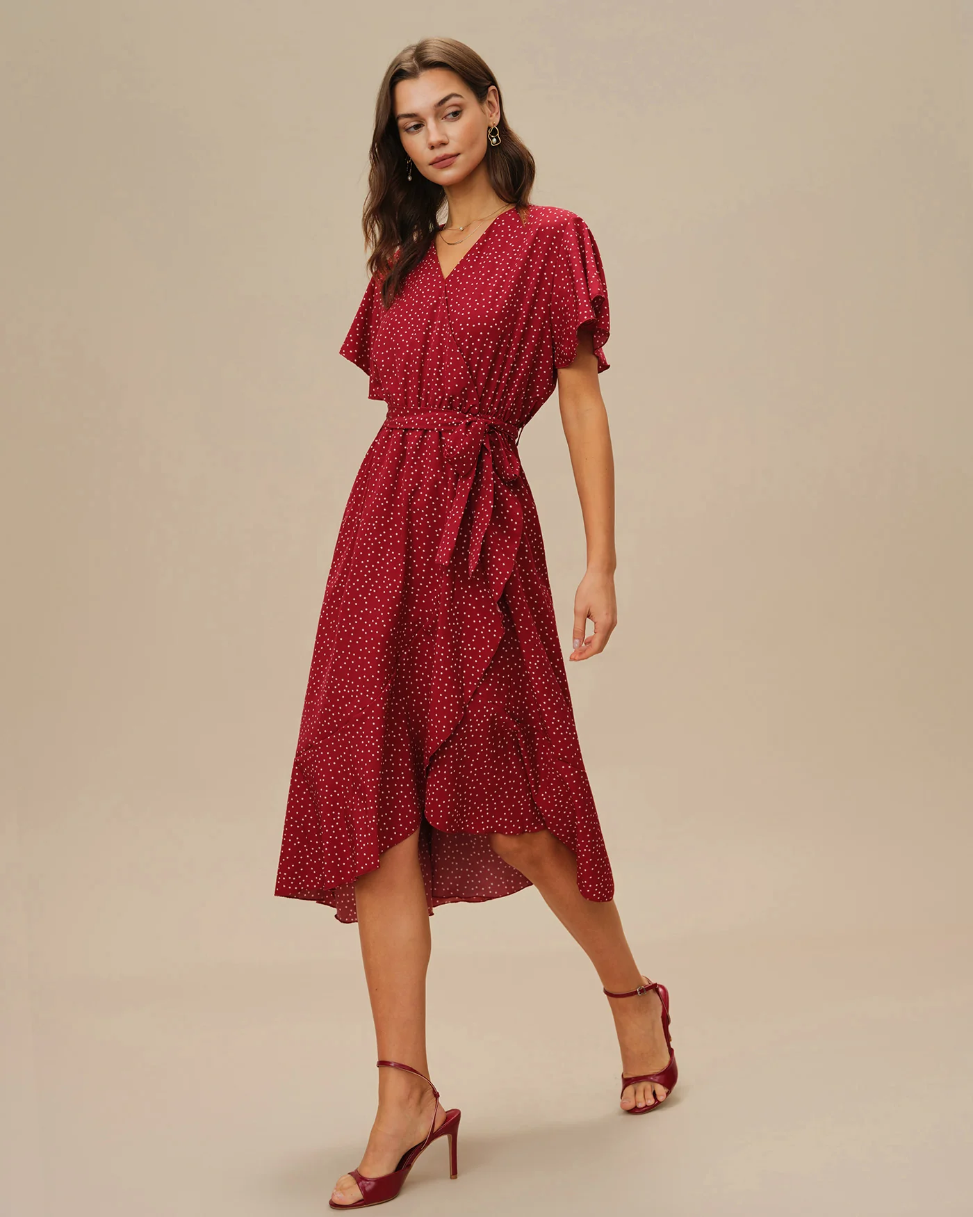 Red Butterfly Sleeve Polka Dot Midi Dress - Image 5