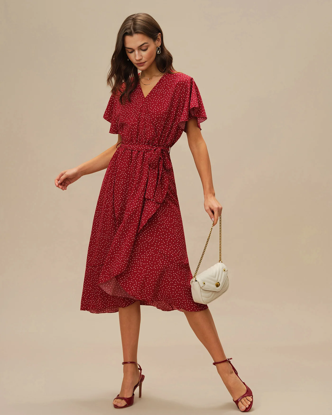 Red Butterfly Sleeve Polka Dot Midi Dress - Image 6