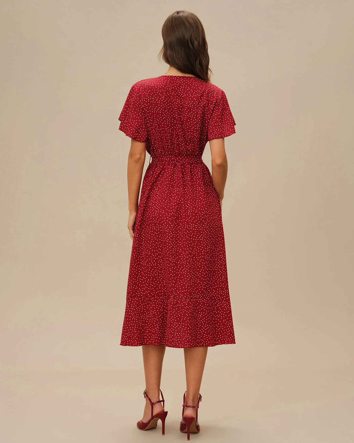 Red Butterfly Sleeve Polka Dot Midi Dress - Image 7