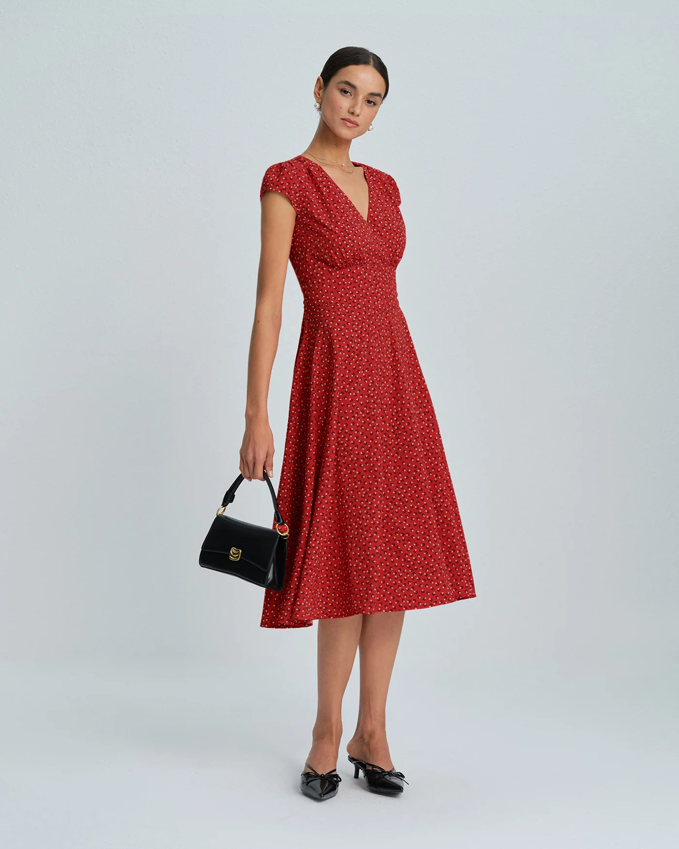 Red Cap Sleeve Floral Midi Dress - Image 5