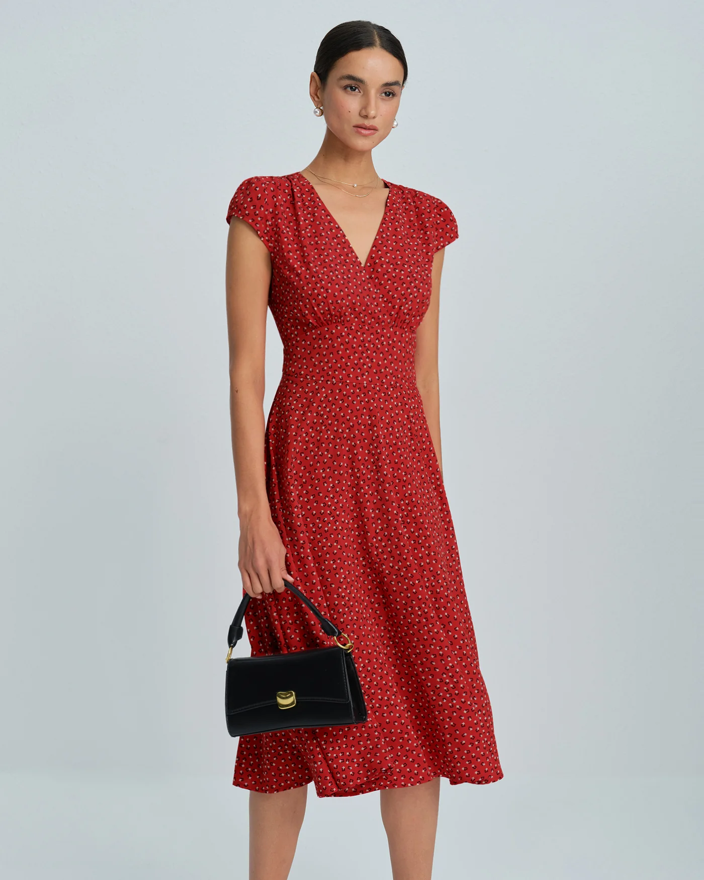 Red Cap Sleeve Floral Midi Dress - Image 6