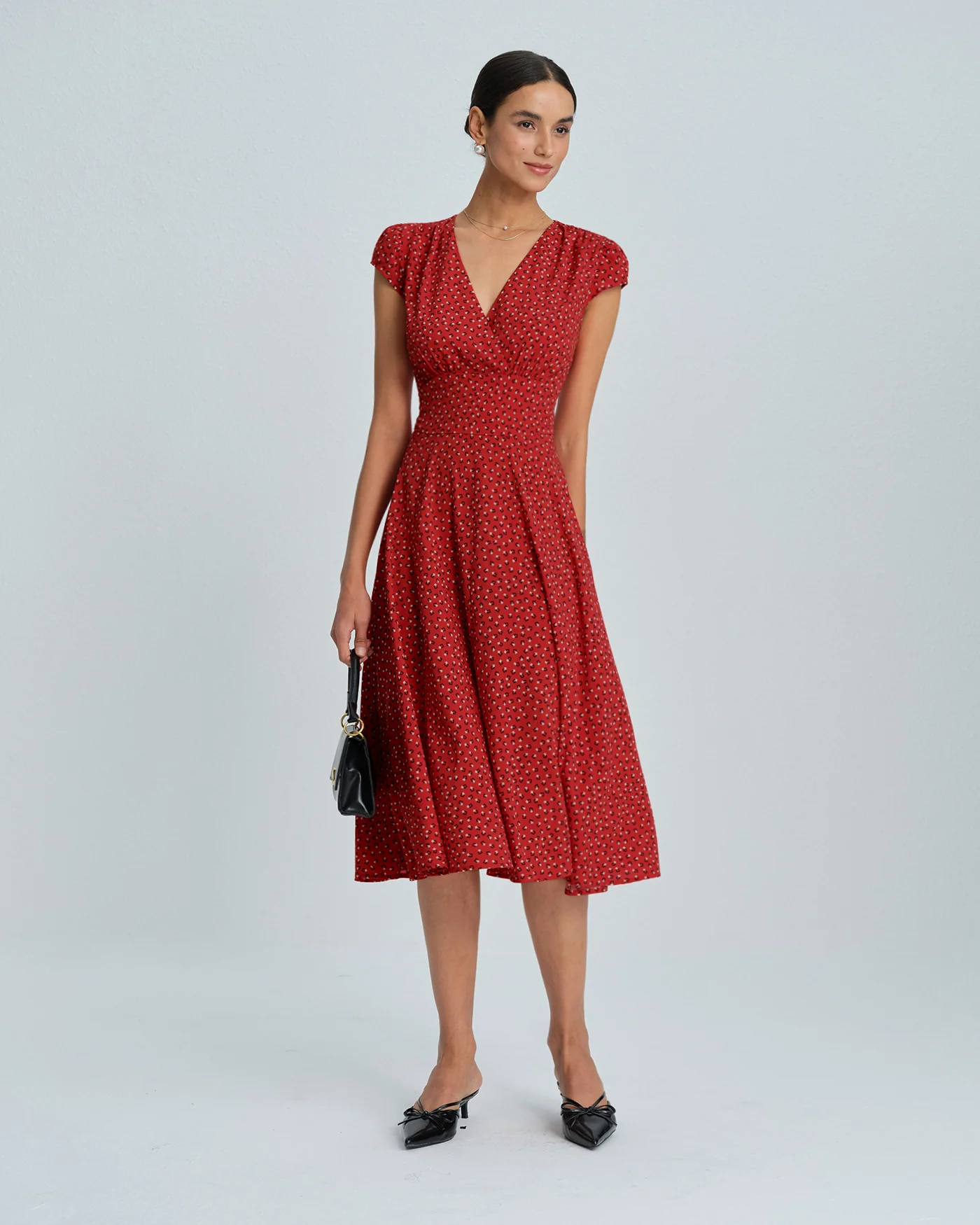 Red Cap Sleeve Floral Midi Dress - Image 8