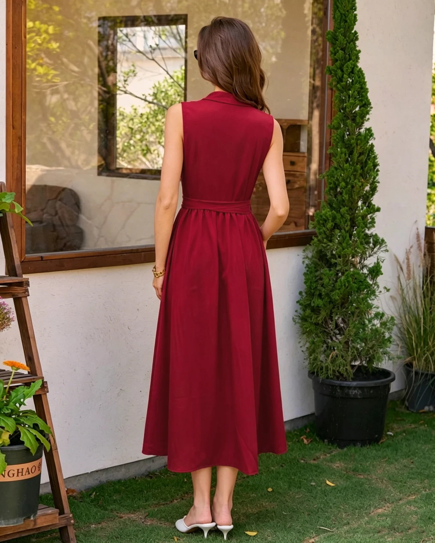 Red Collar Belt Button Midi Dress - Image 4