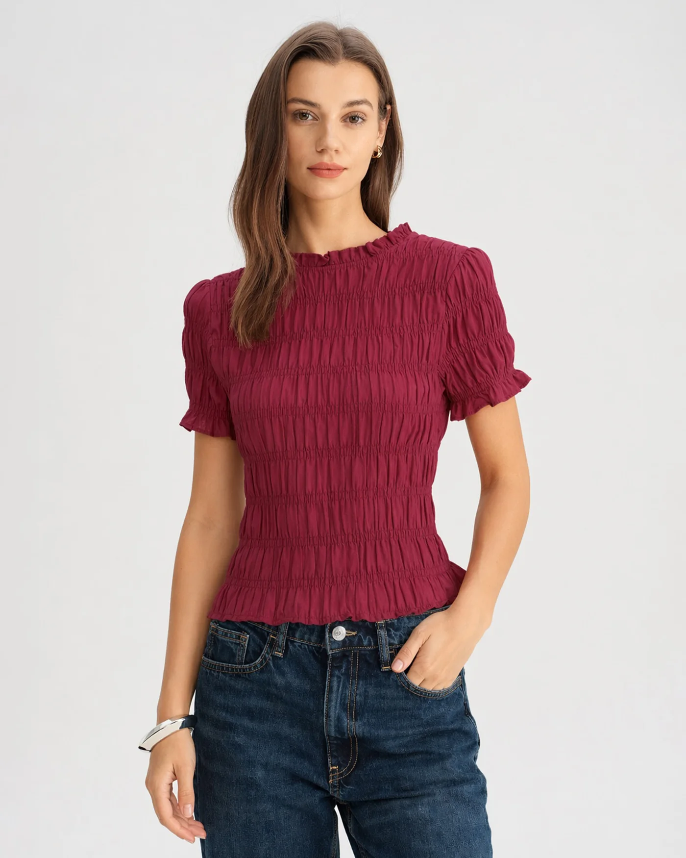 Red Cowl Neck Shirred Tee - Image 2