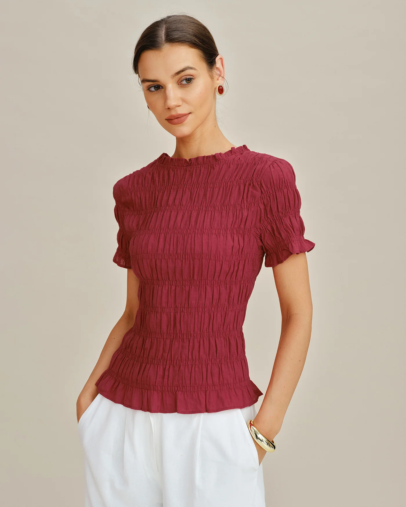 Red Cowl Neck Shirred Tee - Image 3