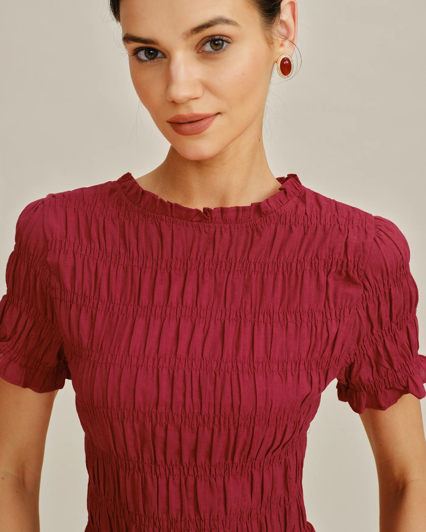 Red Cowl Neck Shirred Tee - Image 4