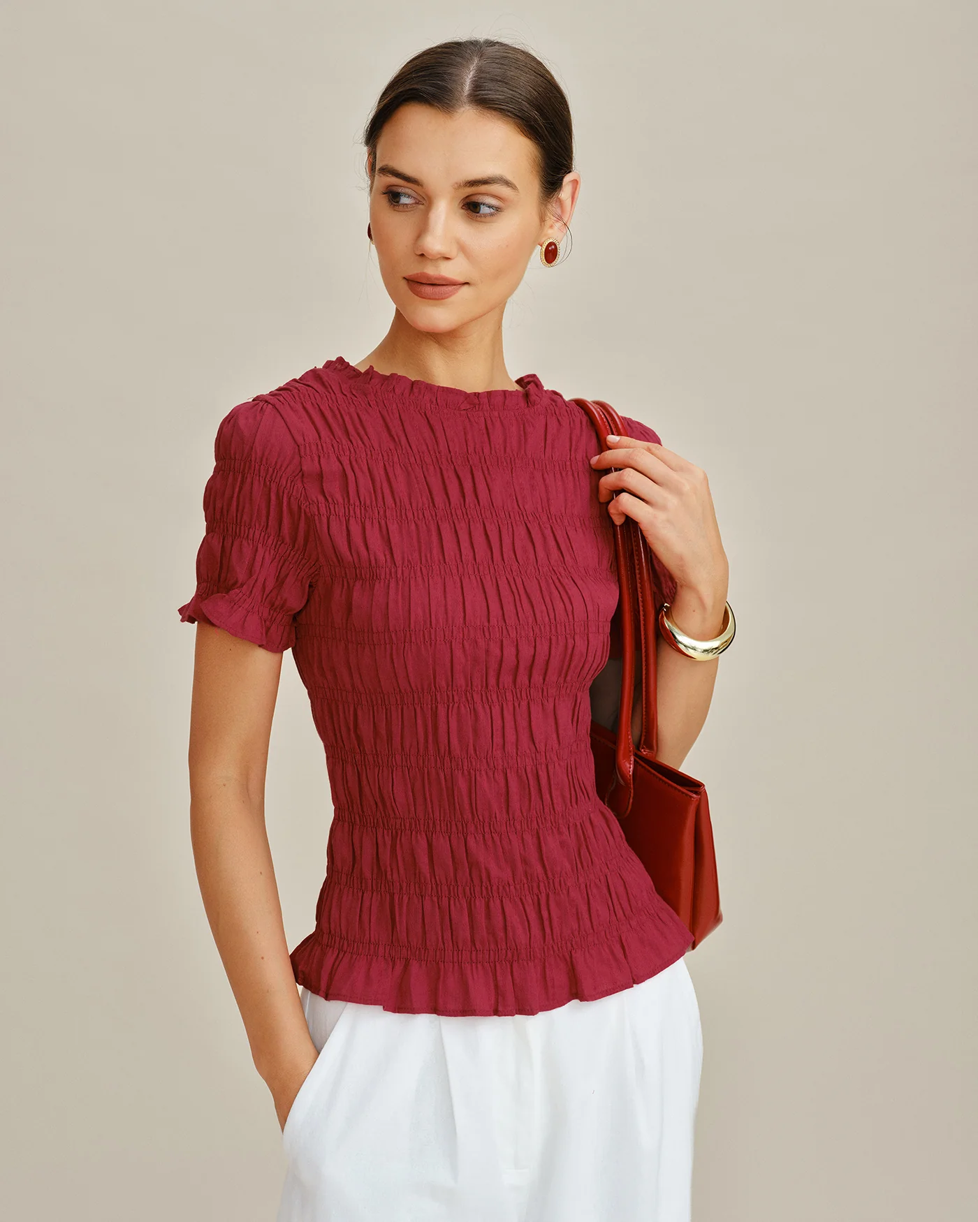 Red Cowl Neck Shirred Tee - Image 5