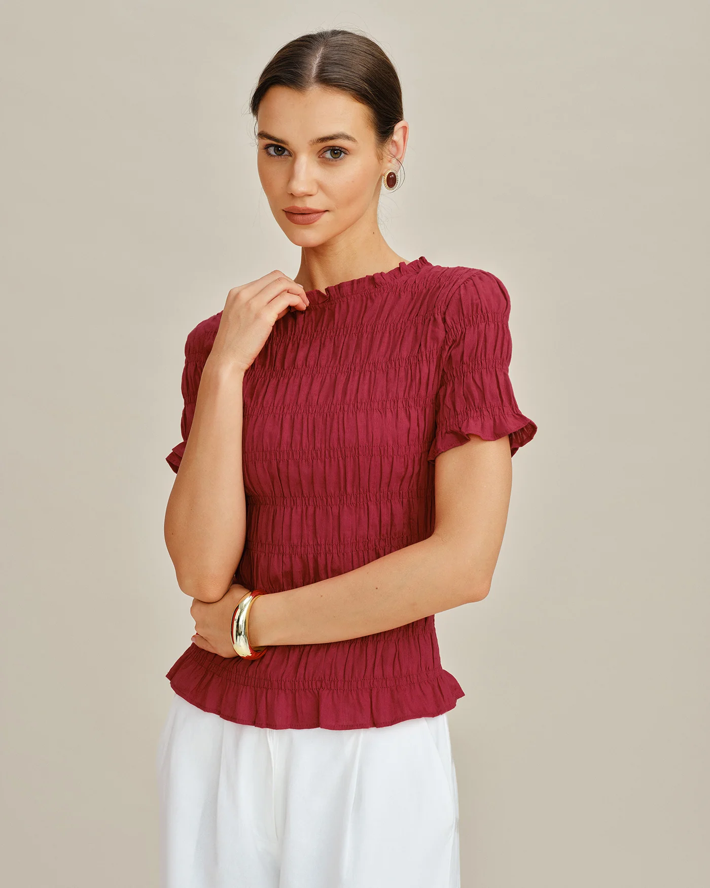 Red Cowl Neck Shirred Tee - Image 6