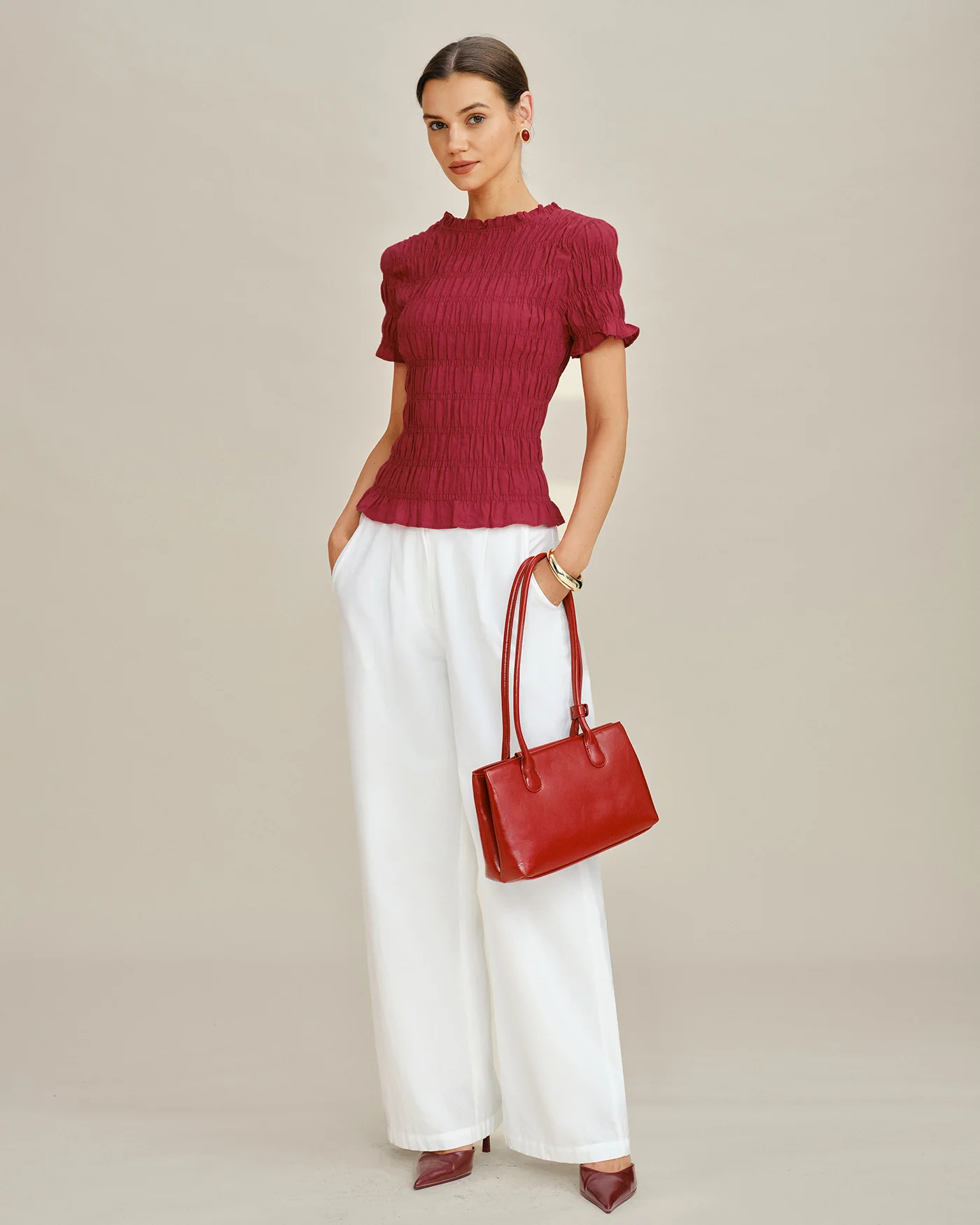 Red Cowl Neck Shirred Tee - Image 7