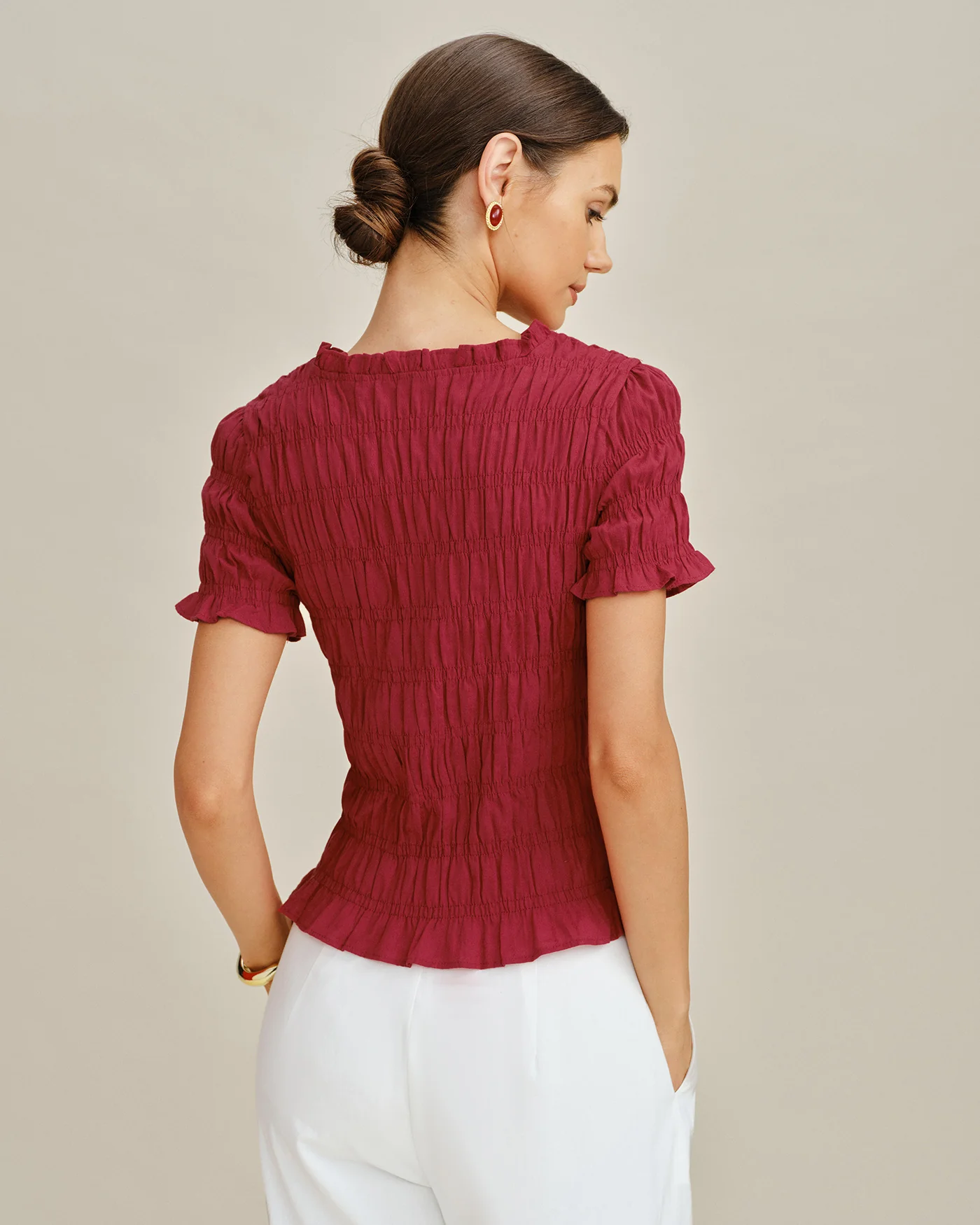 Red Cowl Neck Shirred Tee - Image 8